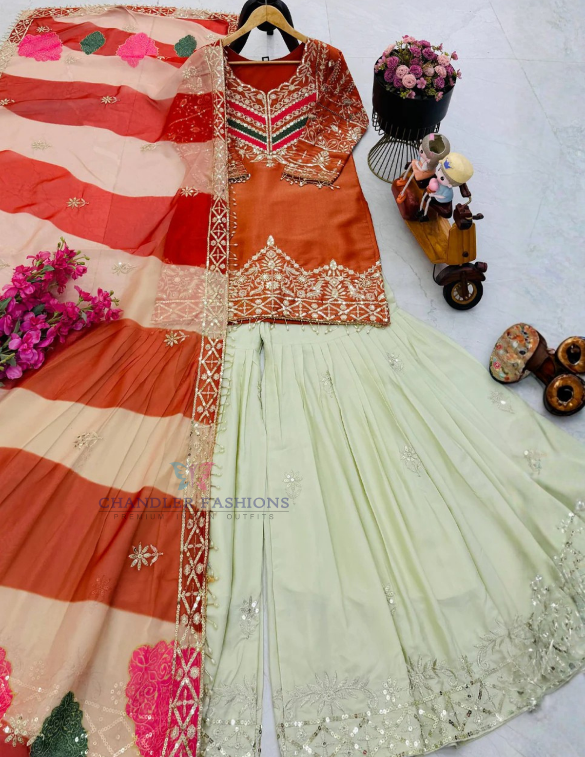 Fabulous Orange Color Fendy Silk Sharara Suit In Tempe