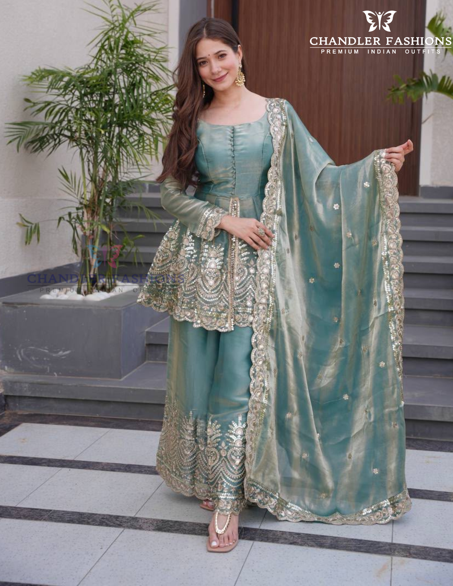 Amazing Sea Green Color Fendi Silk With Embroidery Work Palazzo Suits For Women