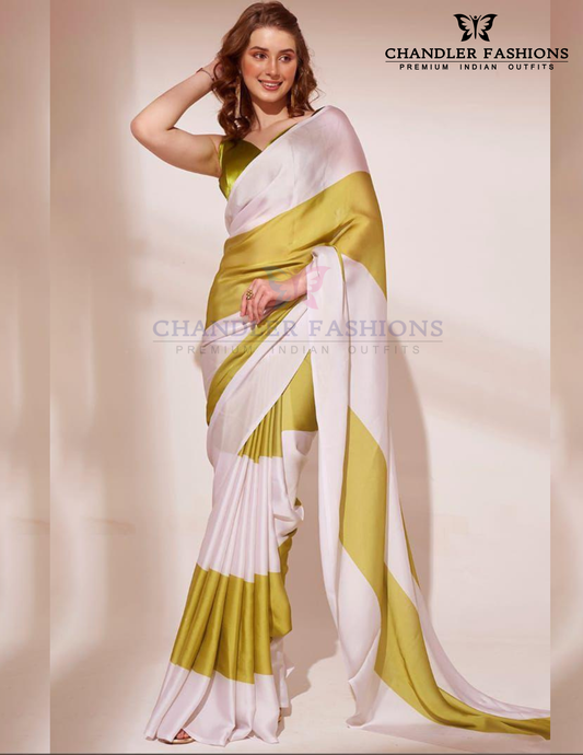 Graceful White And Mehendi Green Color Japan Satin With Printed Work Saree