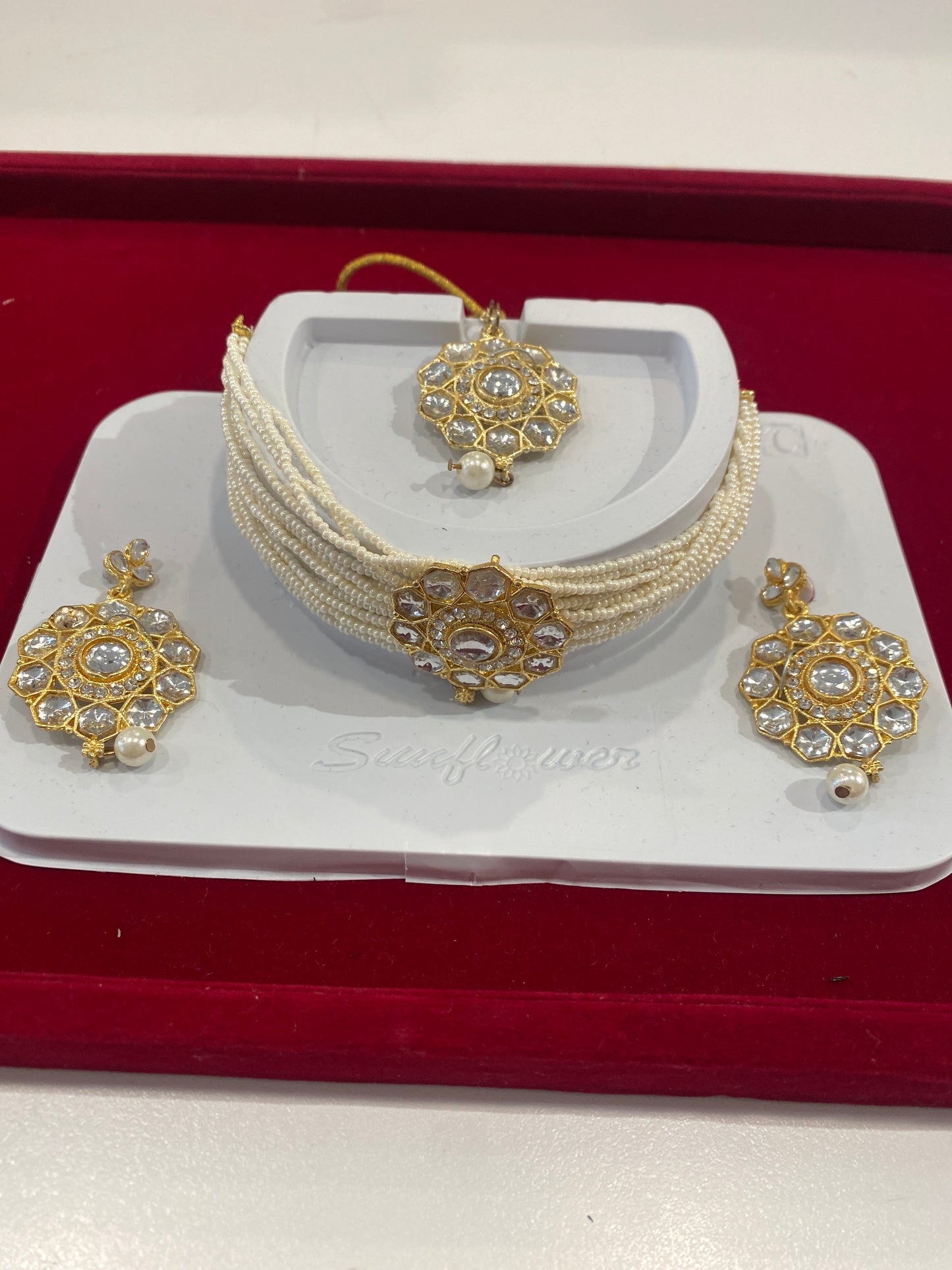 Beautiful White Stones And White Pearls Gold Plated Choker With Maang Tikka And Earrings