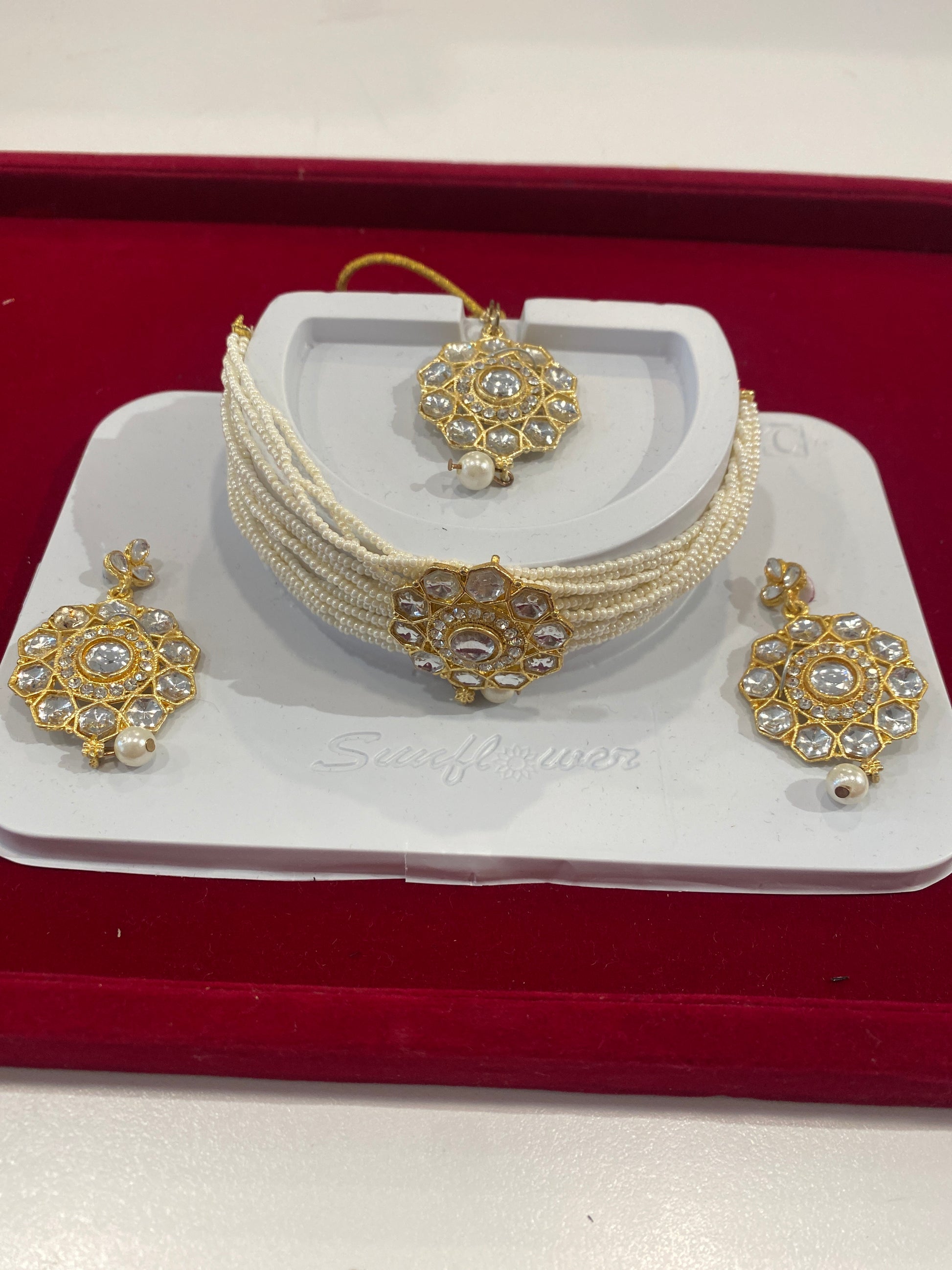Beautiful White Stones And White Pearls Gold Plated Choker With Maang Tikka And Earrings