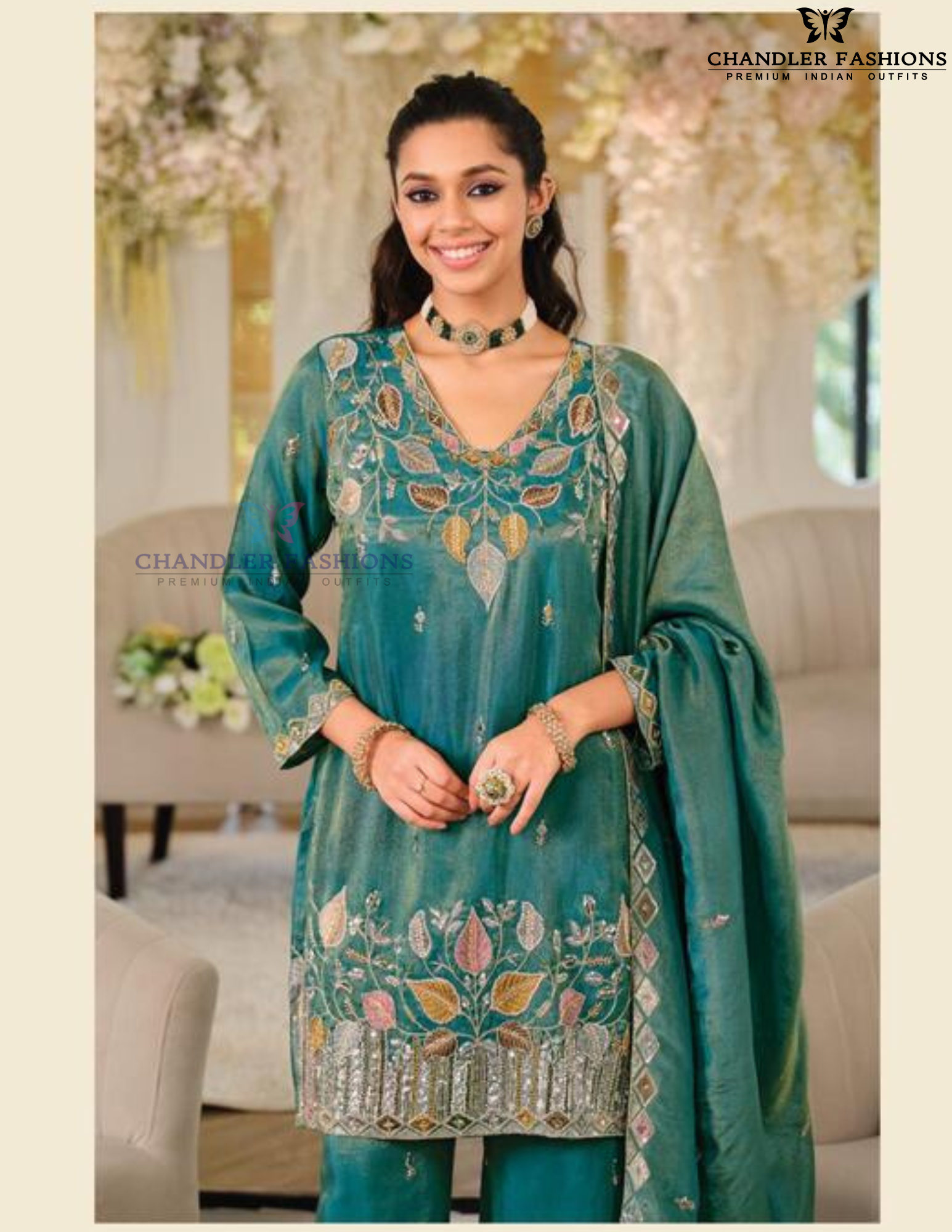 Green Color Shimmer With Embroidery Work Palazzo Suits In Surprise