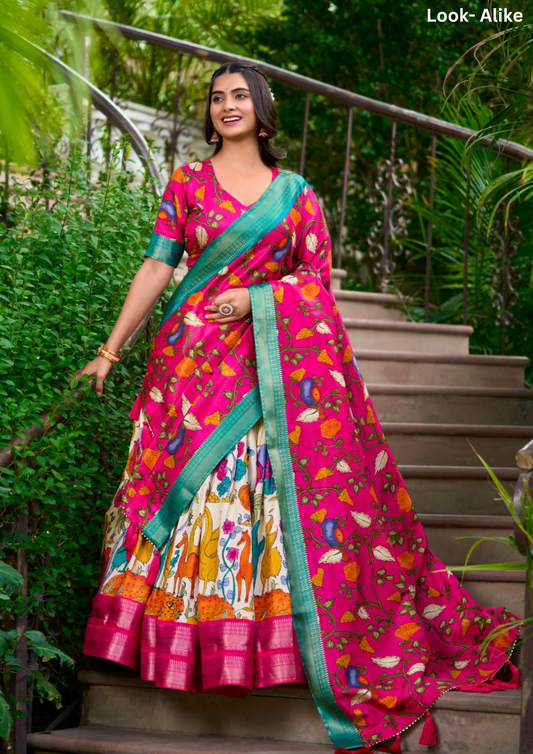 Beautiful Pink Colored Kalamkari Print With Zari Weaving Border Lehenga Choli With Dupatta