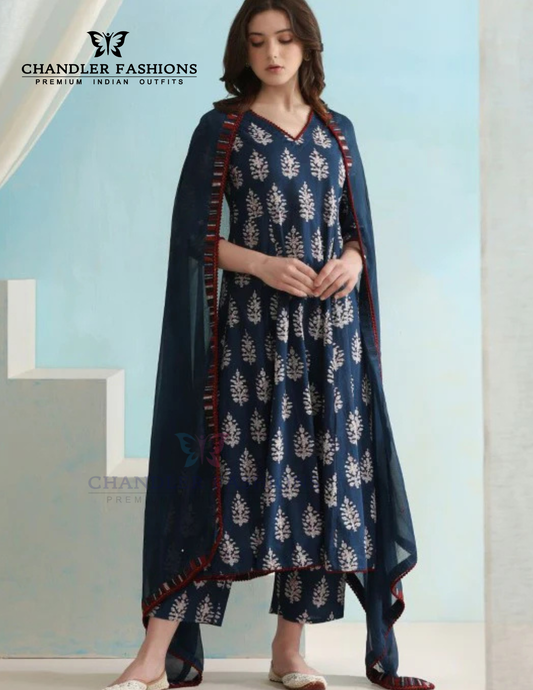 Pretty Navy Blue Color Viscose With Floral Printed Work Salwar Suits With Dupatta For Women