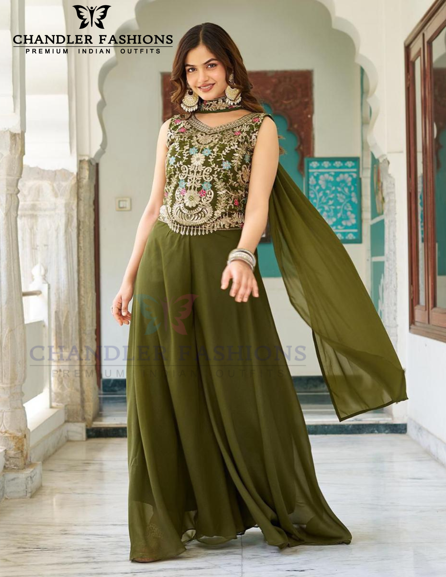 Charming Mehendi Green Color Star Georgette Palazzo Suits Near Me