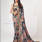 Attractive Navy Blue Color Organza With Sequins And Printed Work Saree For Women