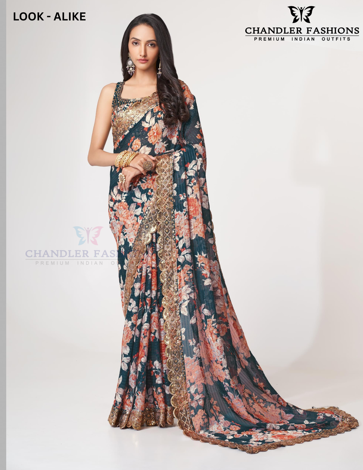 Attractive Navy Blue Color Organza With Sequins And Printed Work Saree For Women