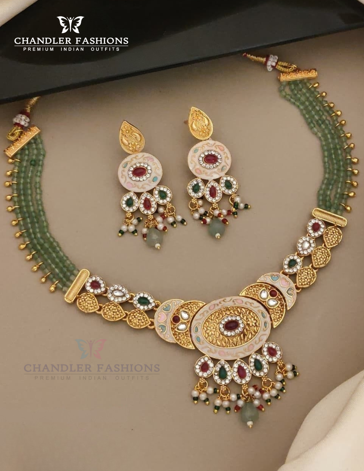 Pretty MultiColor Stone Antique Gold Pearl Design Necklace With Earrings For Women