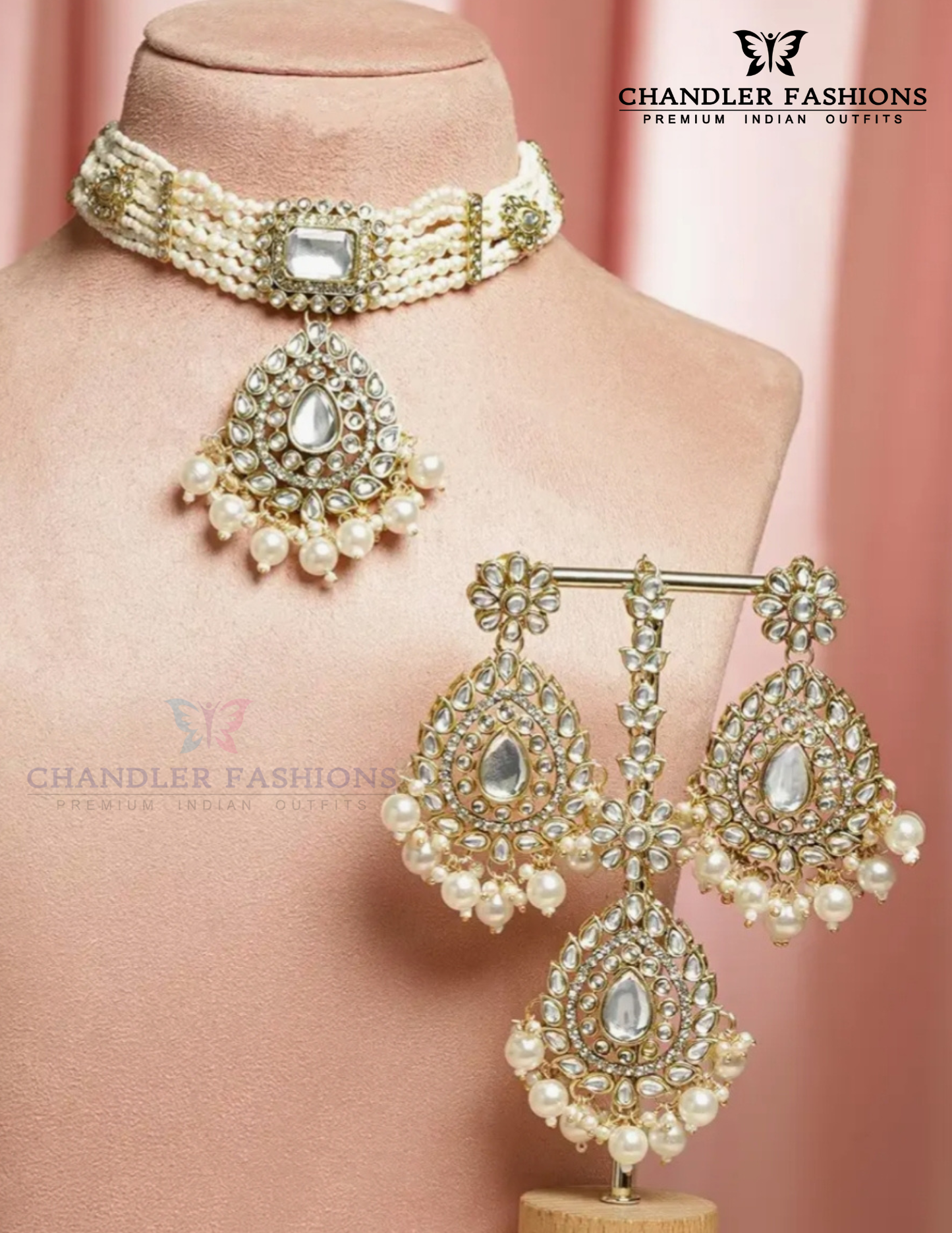Wonderful White Color Stone Gold Plated With Pearl Design Choker Earring And Maang Tikka