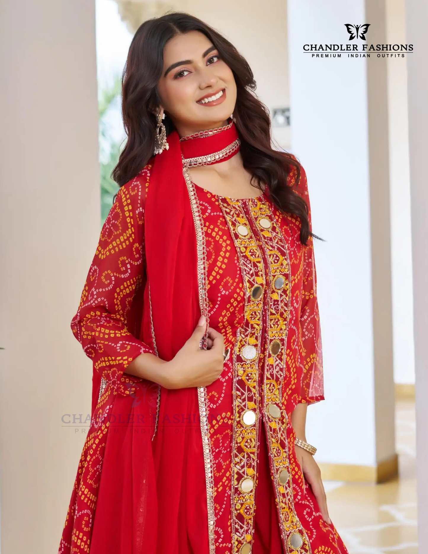 Red Color Georgette With Bandhej Print And Embroidery Palazzo Suits In USA
