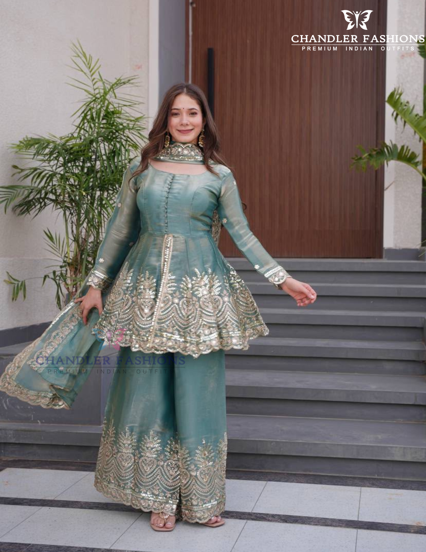 Green Color Fendi Silk With Embroidery Work Palazzo Suits In Suncity