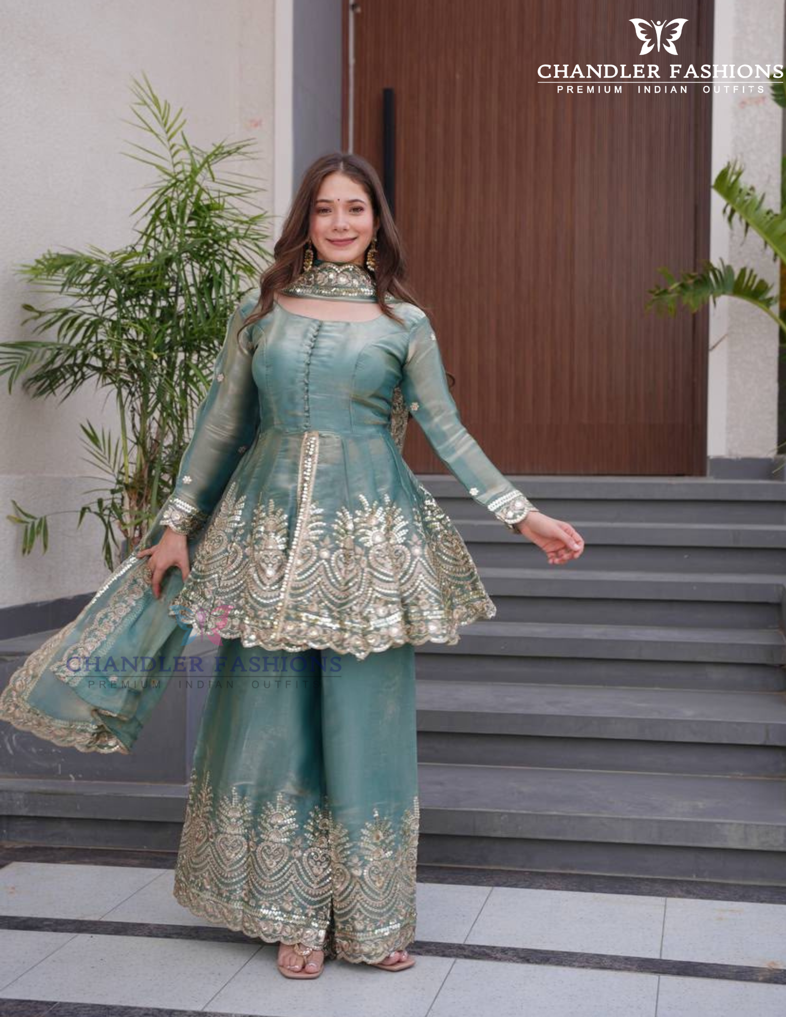 Green Color Fendi Silk With Embroidery Work Palazzo Suits In Suncity