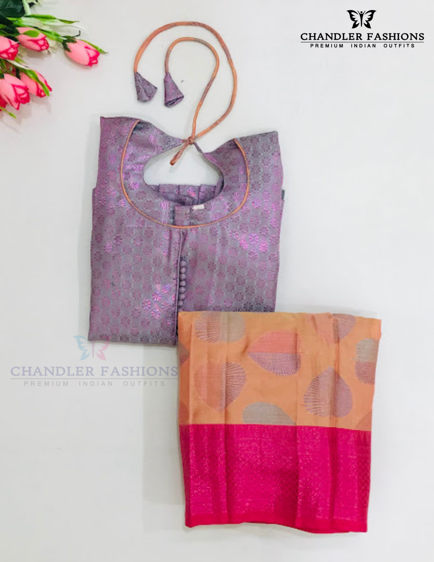 Light Purple And Peach Color Silk Langa sets With Zari Work Near Me