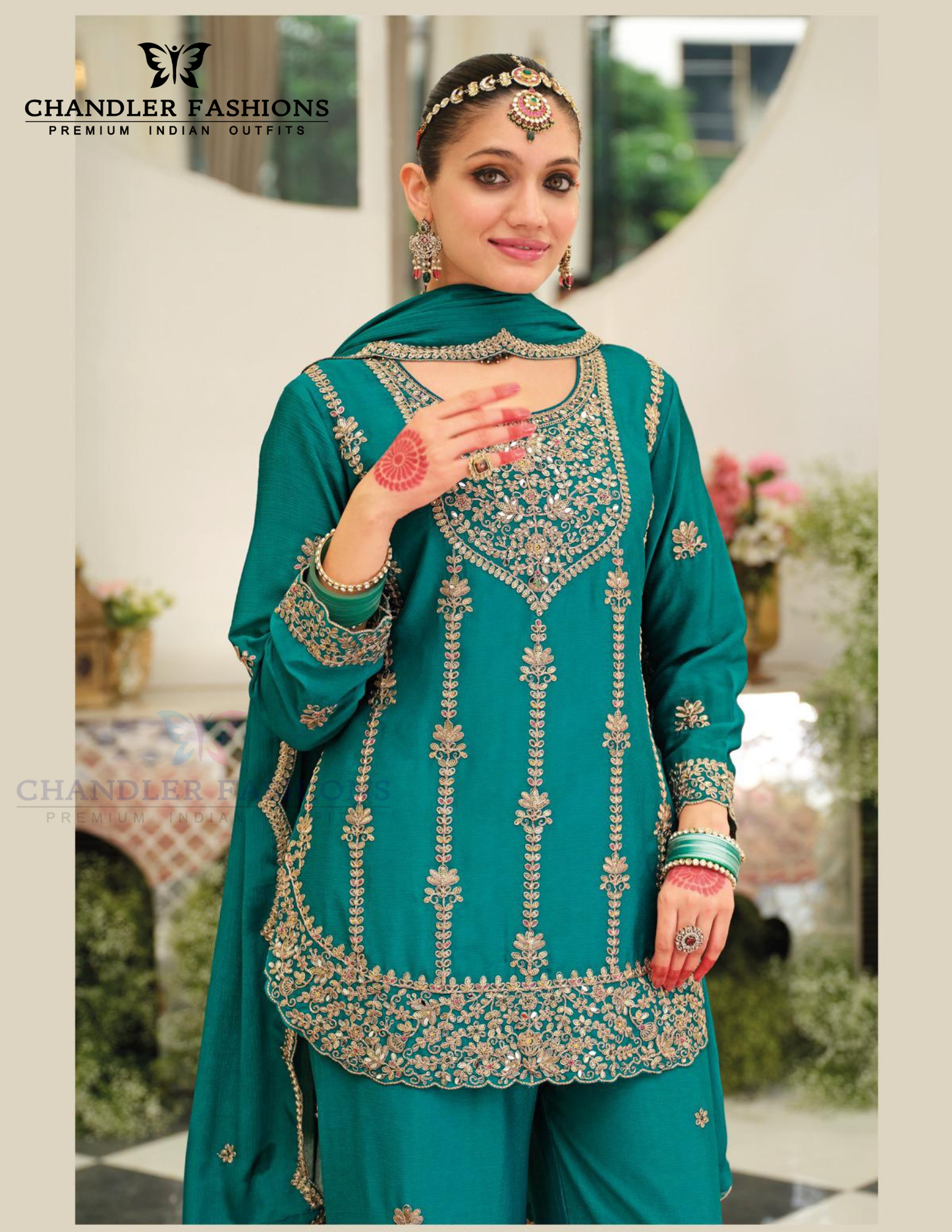 Teal Blue Color Chinon Palazzo Suits And Dupatta In Chandler