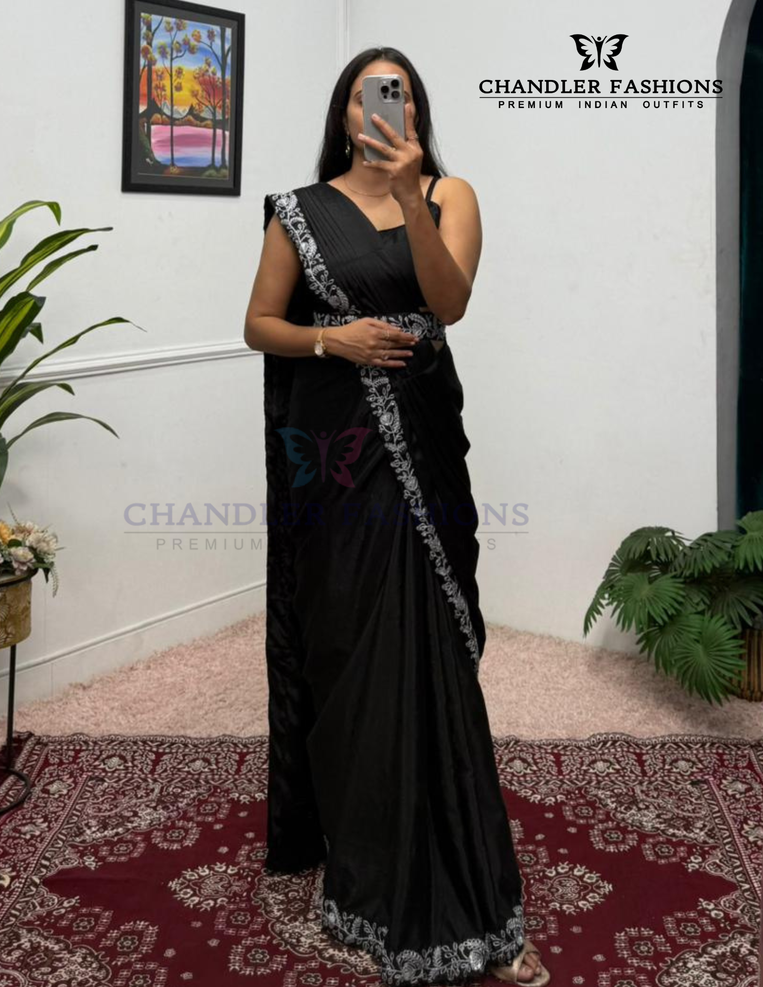 Elegant Black Color Heavy Embroidery Work Ready To Wear Saree Near Me