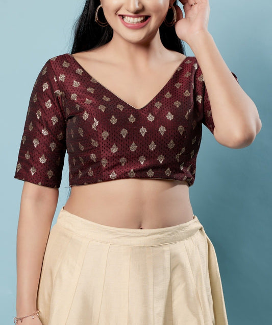 Elegant Maroon Colored Front Open And Round Neck Readymade Blouse For Women