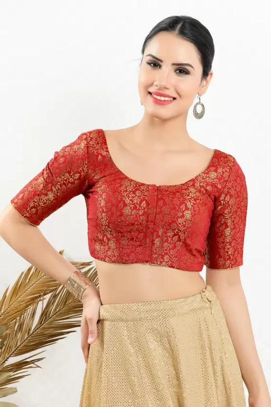 Gorgeous Red Colored Jacquard Printed Blouse For Women