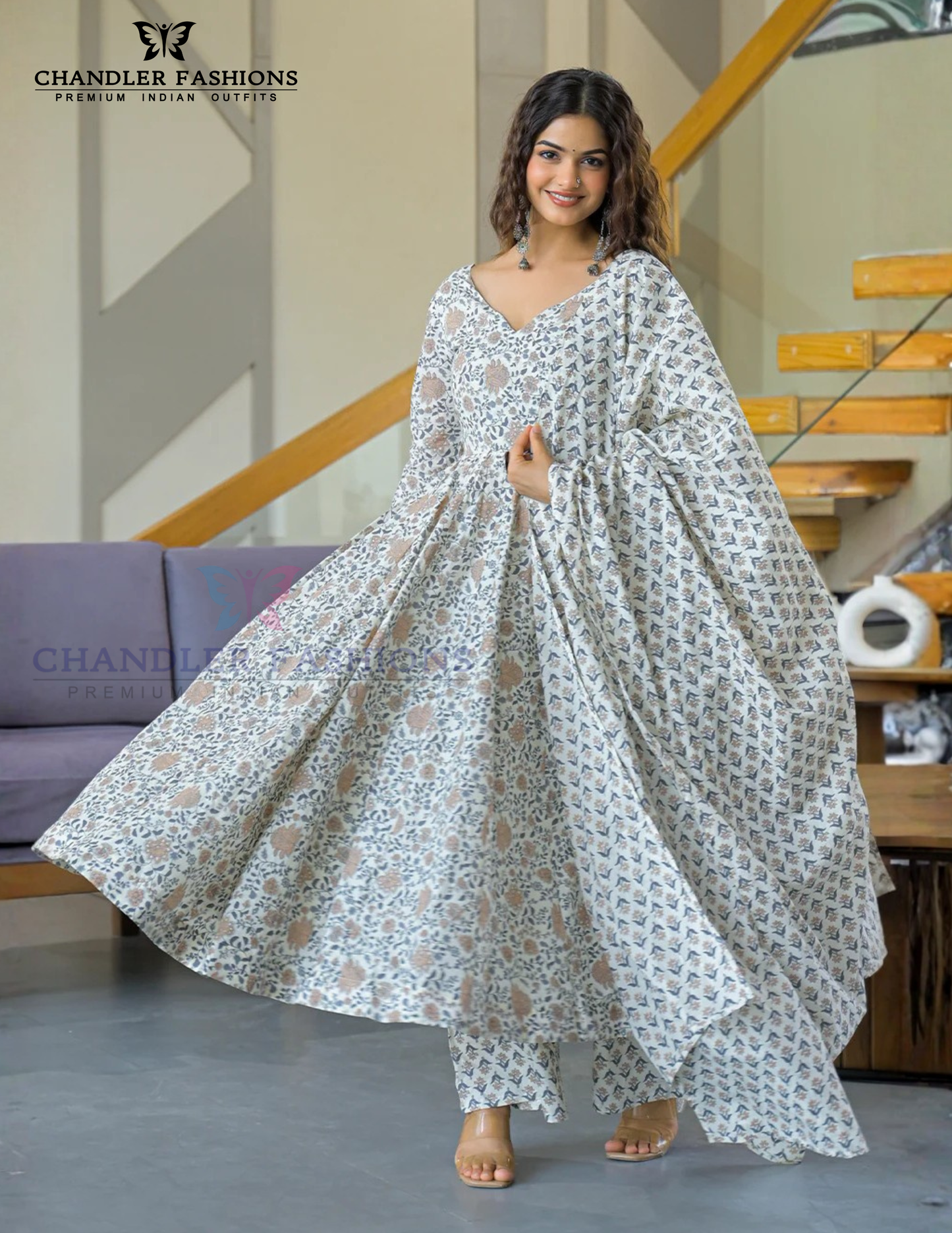 Charming Blue And White Colored Viscose with Floral Printed Anarkali Suits With Dupatta