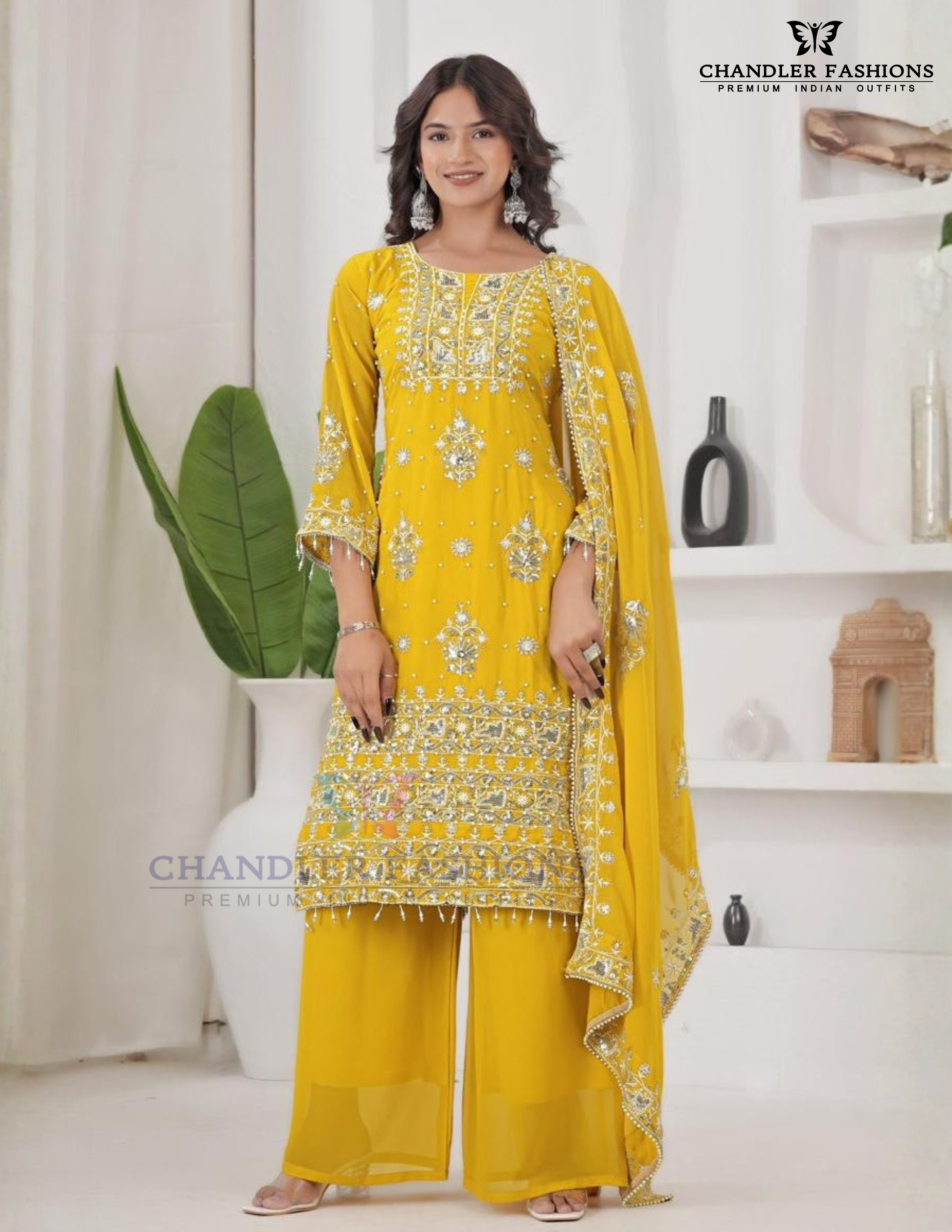 Marvellous Yellow Color Georgette With Embroidery And Sequins Work Palazzo Suits For Women