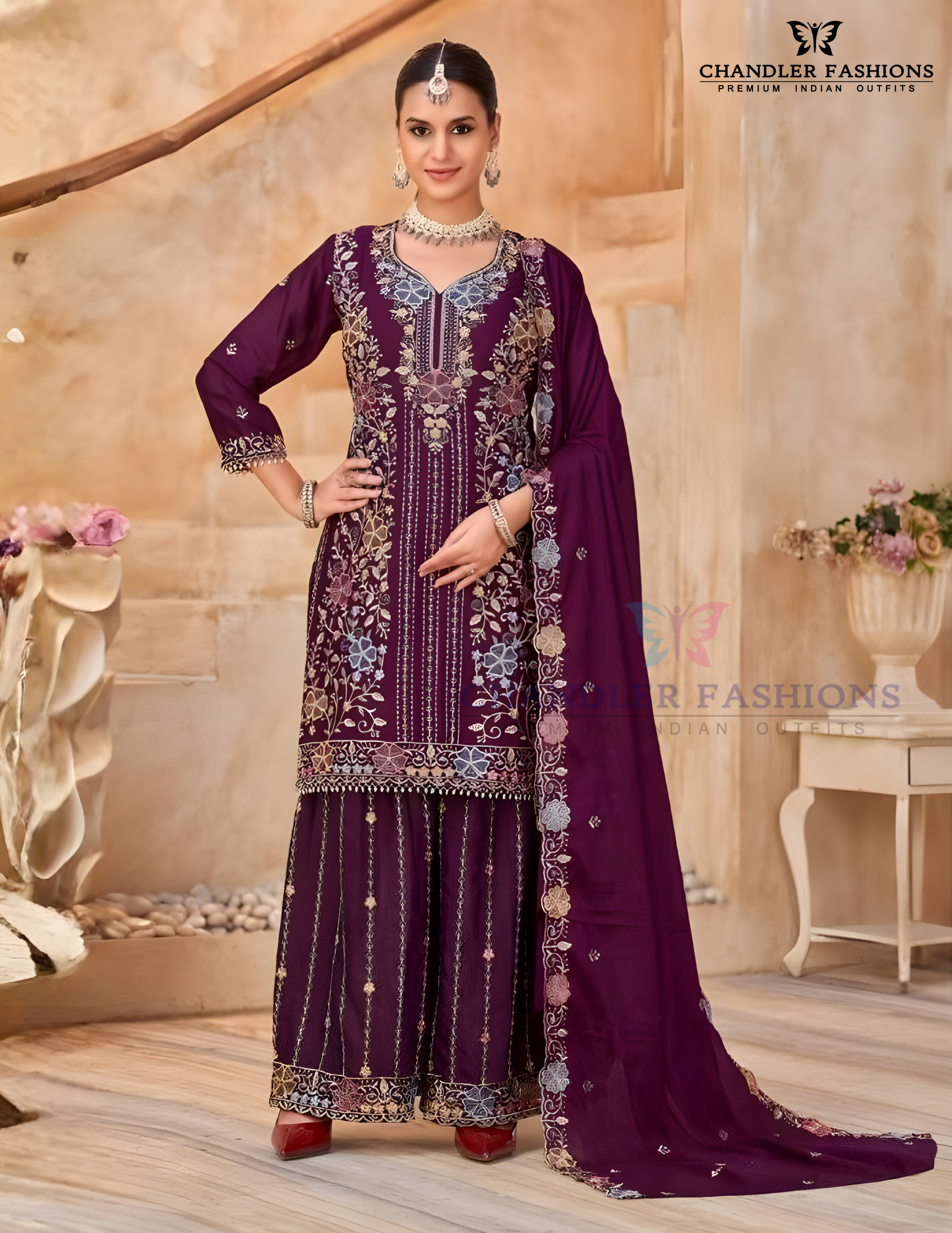 Gorgeous Dark Purple Color Chinon Silk With Embroidery Work Palazzo Suits For Women