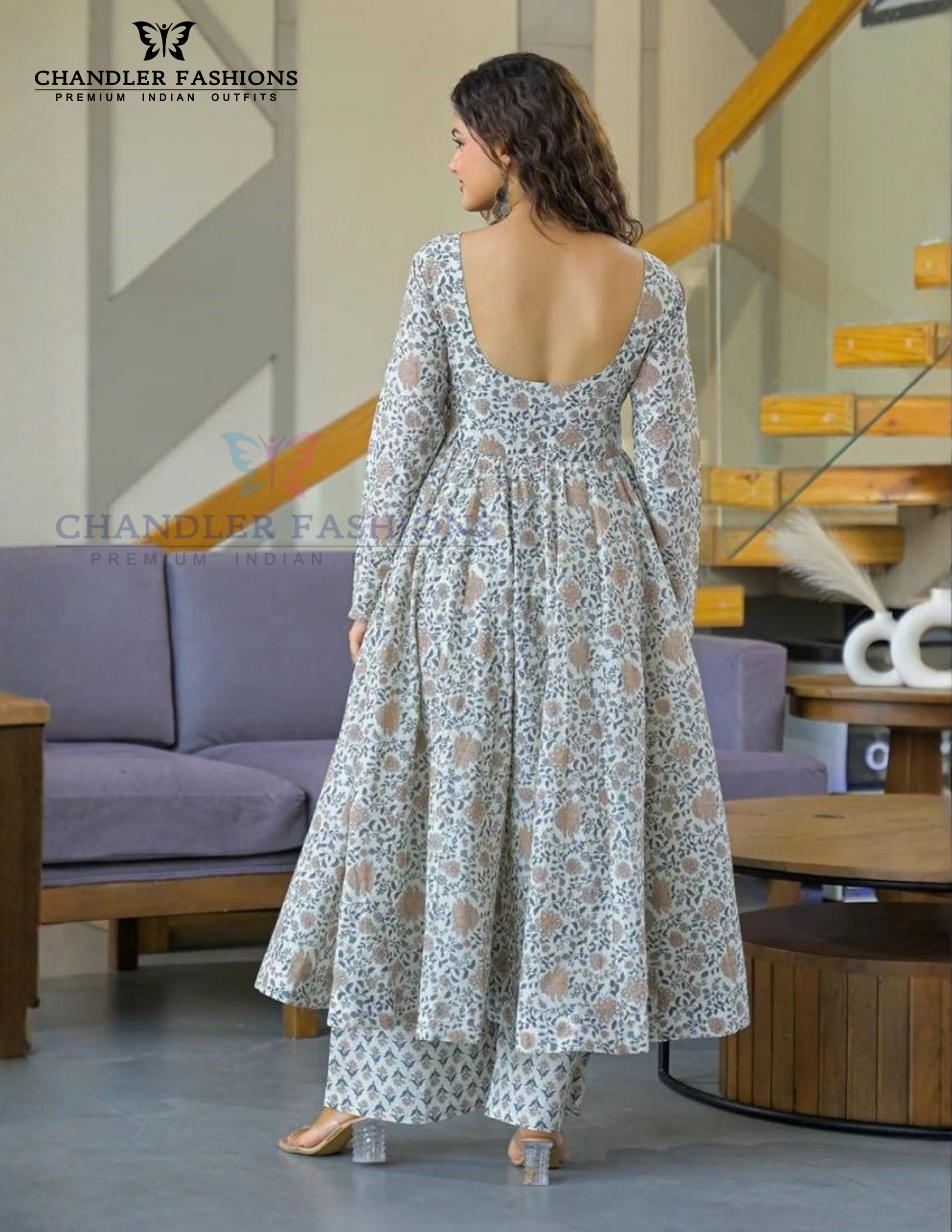  Blue And White Colored Viscose with Floral Printed Anarkali Suits In USA