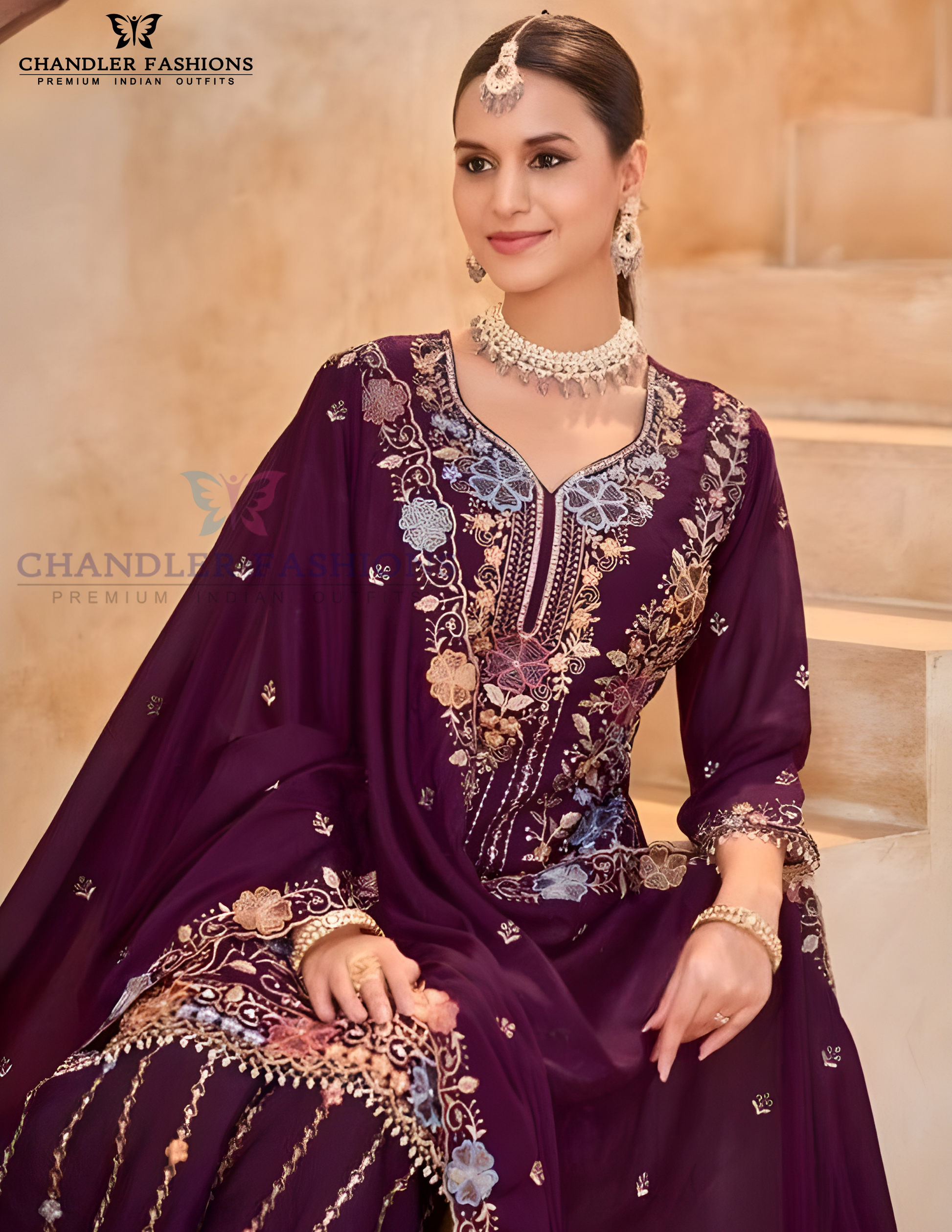 Dark Purple Color Embroidery Work Palazzo Suits Near Me