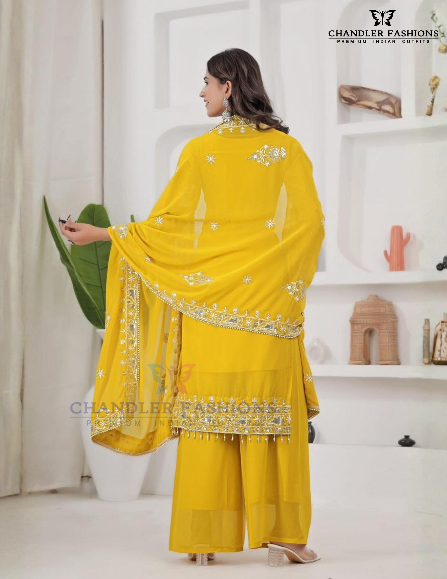 Yellow Color Georgette With Sequins Work Palazzo Suits In USA