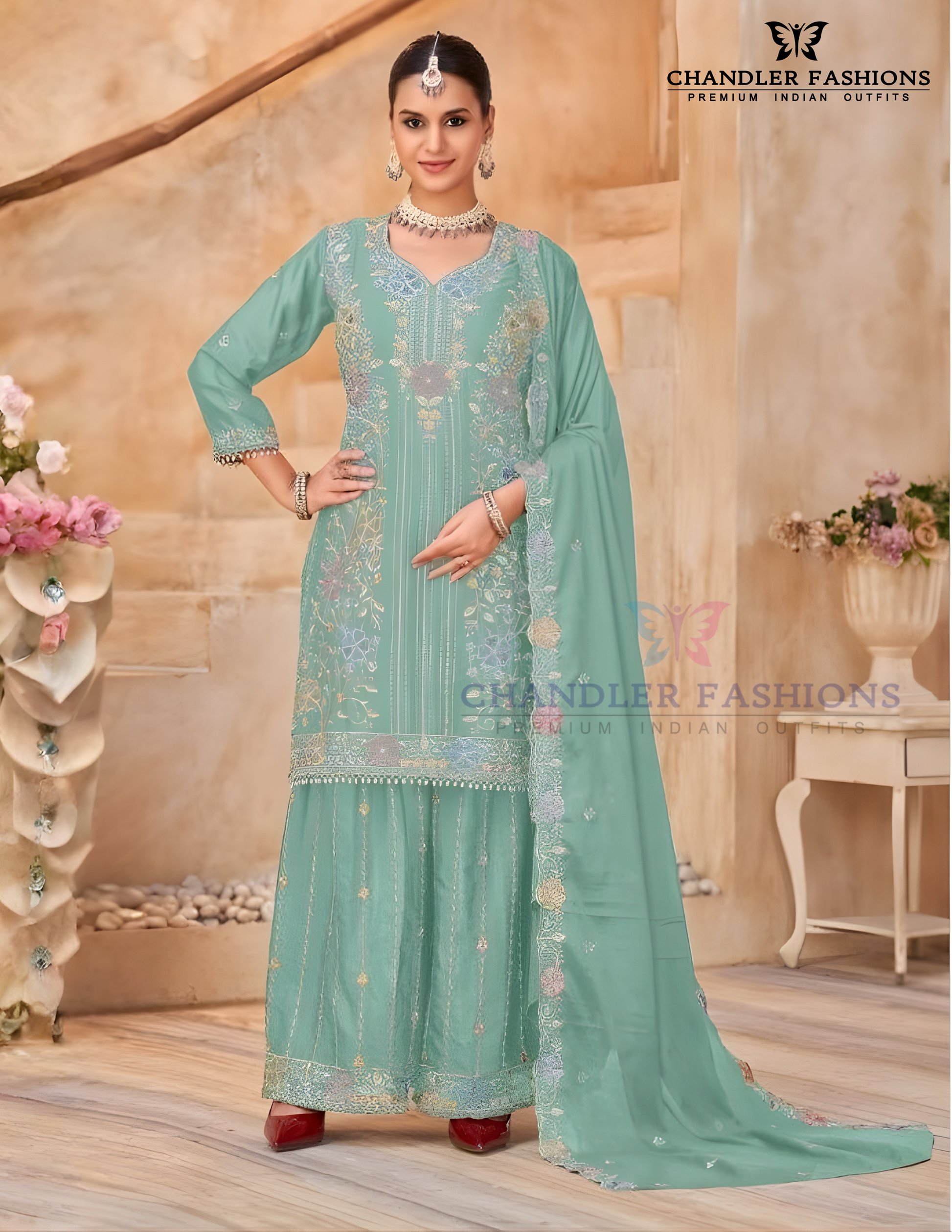 Stunning Sea Green Color Chinon Silk With Embroidery Work Palazzo Suits For Women