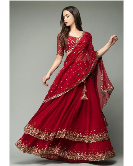 Attractive Red Color Georgette Sequins Work Lehenga Choli For Women