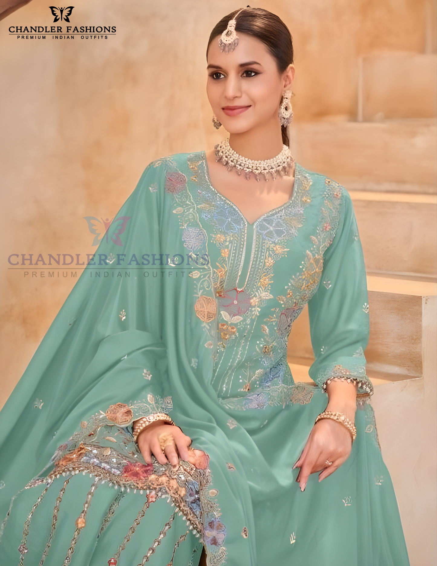 Sea Green Chinon Embroidery Work Palazzo Suits Near Me