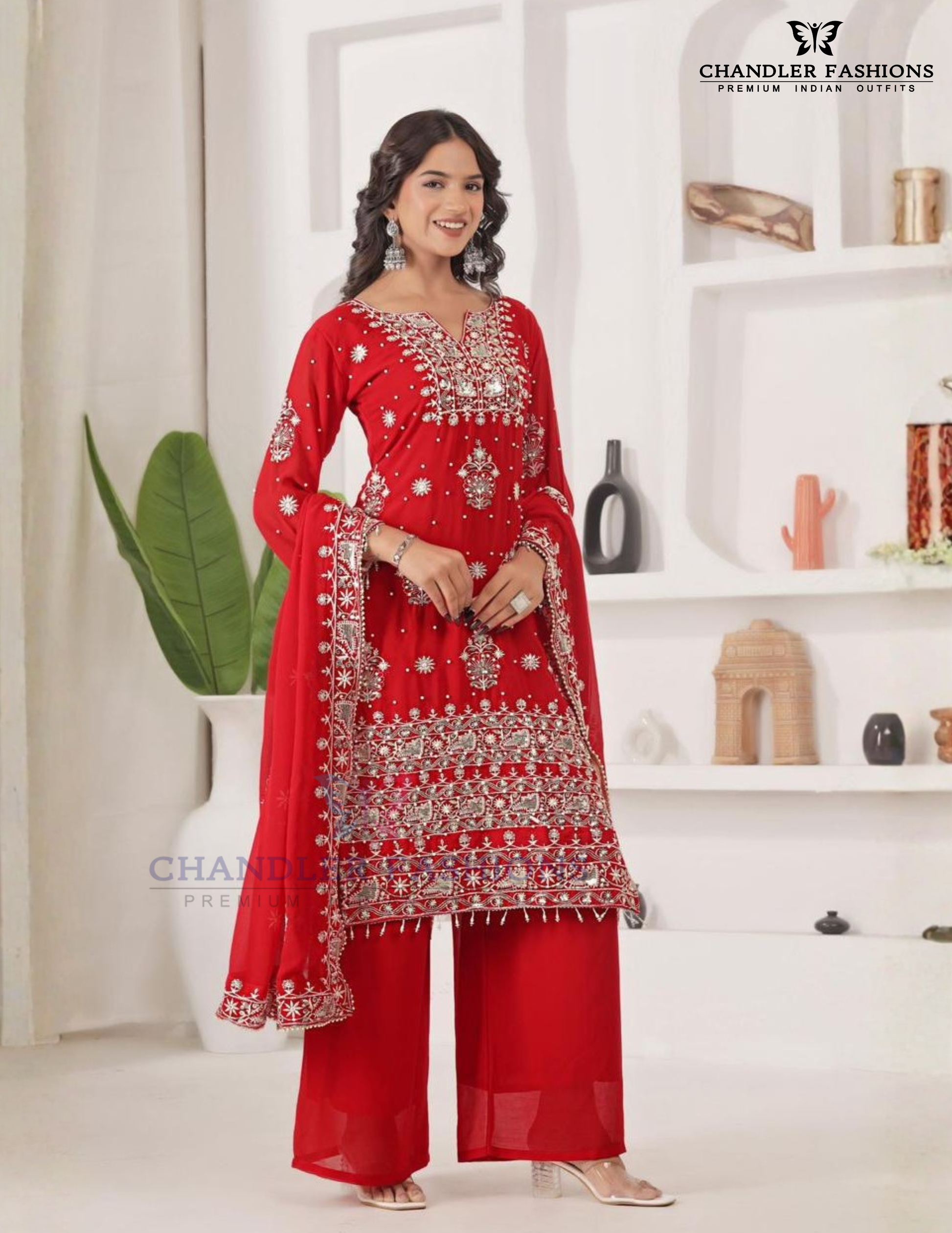 Fascinating Red Color With Embroidery And Sequins Work Georgette Palazzo Suits For Women