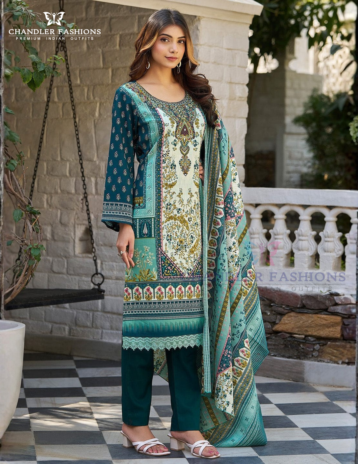 Elegant Teal Blue Color Cotton Blend With Printed Work Salwar Suits For Women