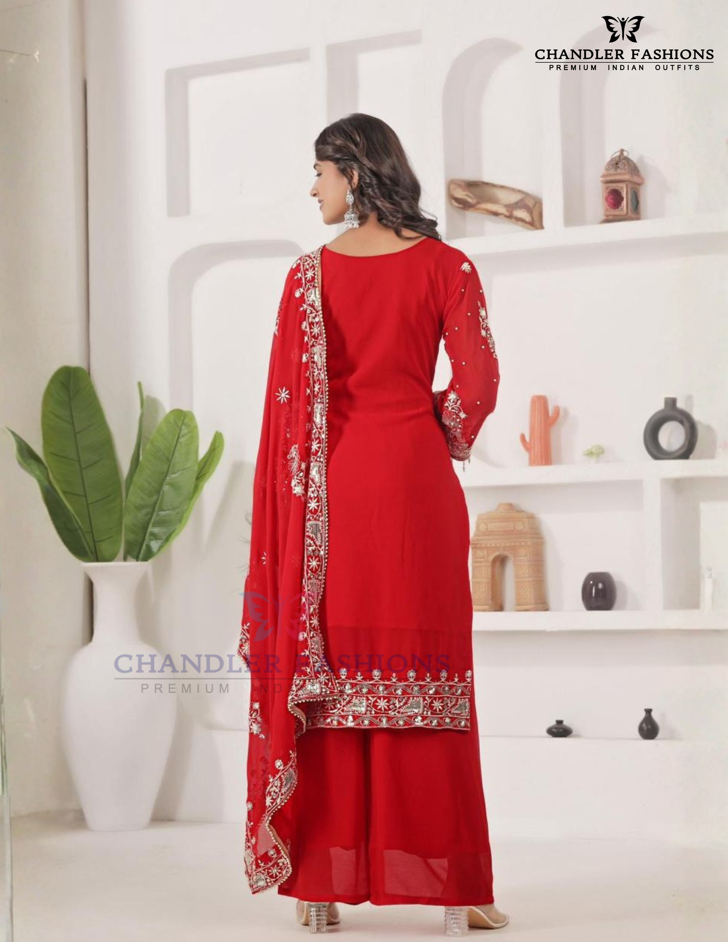 Red Color With Embroidery And Sequins Work Georgette Palazzo Suits In USA