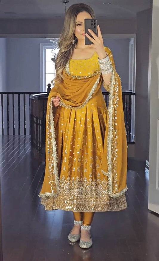 Graceful Golden Yellow Heavy Chinon Silk Kurti Suit With Embroidery Work