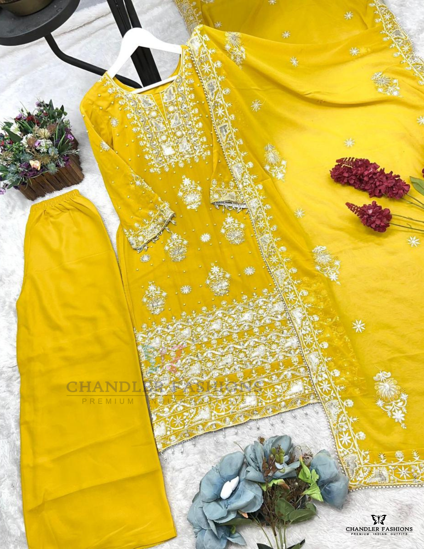 Yellow Color Georgette Palazzo Suits In Tempe