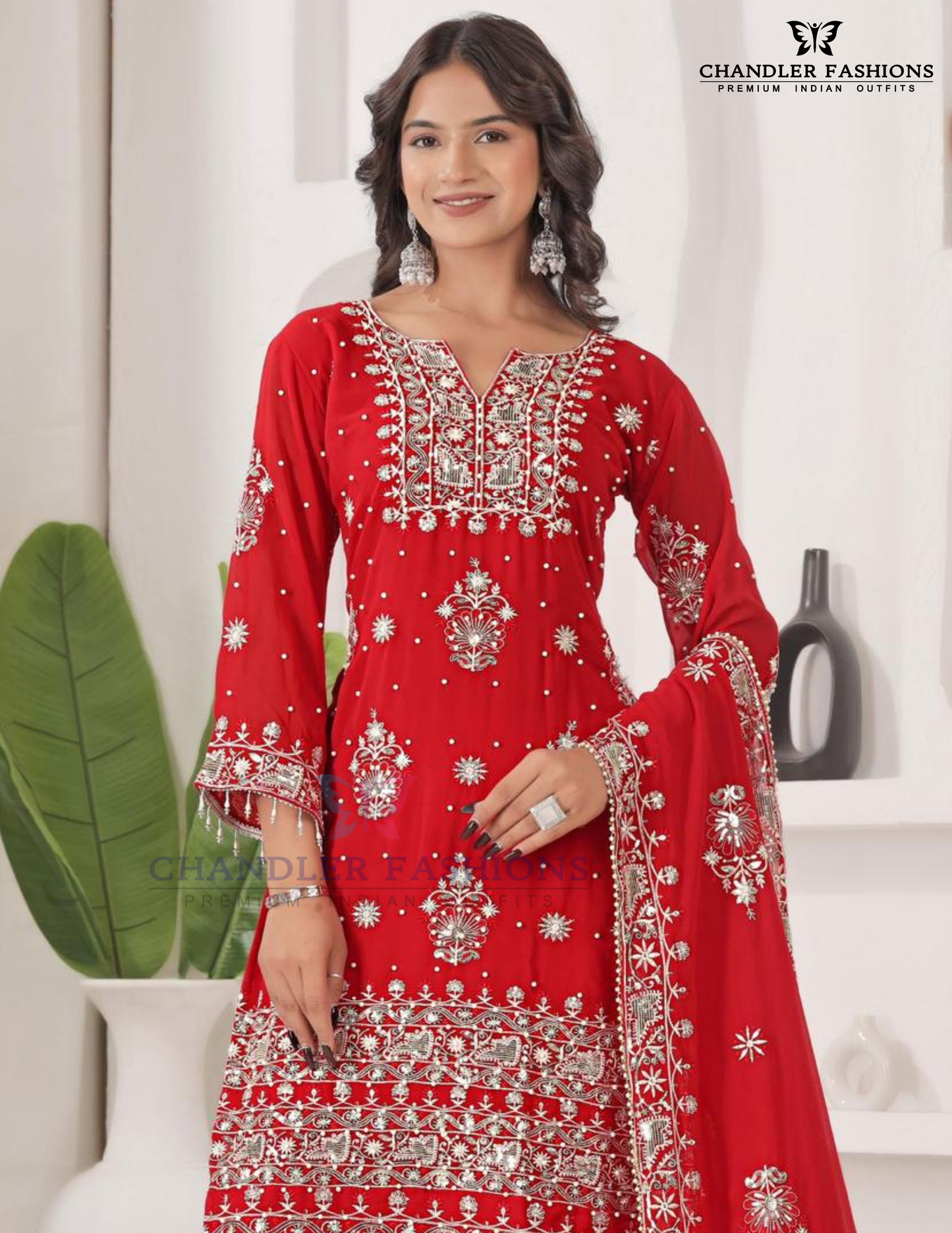 Red Color With Embroidery And Sequins Work Georgette Palazzo Suits Near Me
