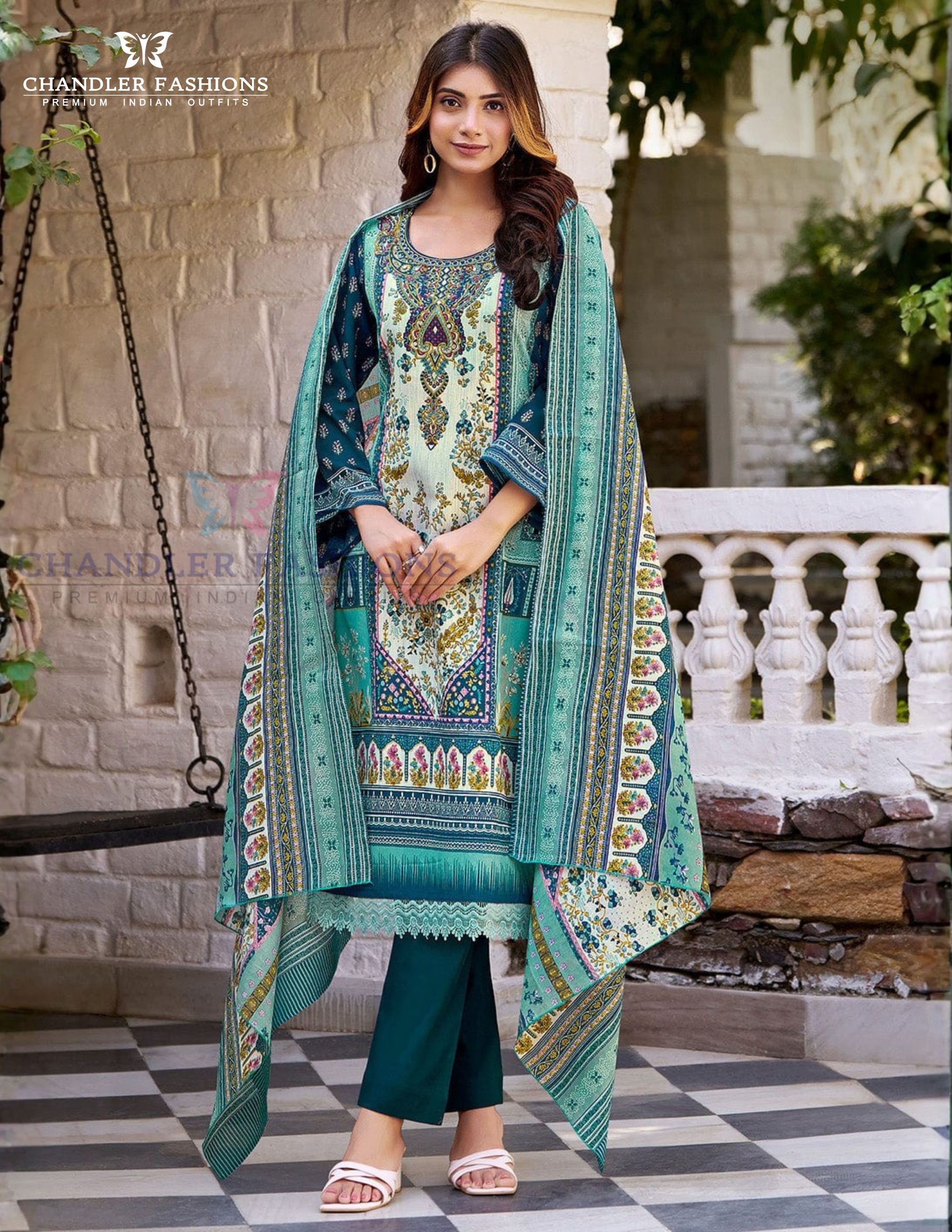Teal Blue Color Cotton Blend With Printed Work Salwar Suits In USA