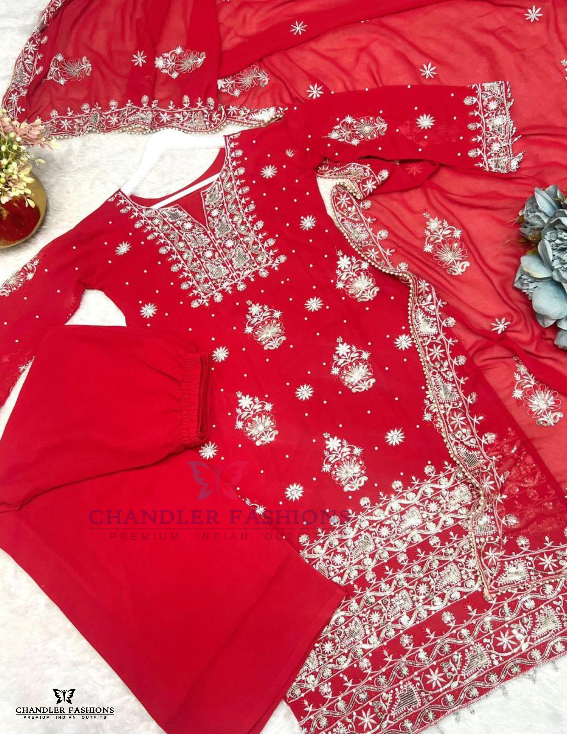 Embroidery And Sequins Work Georgette Palazzo Suits In Sunciy