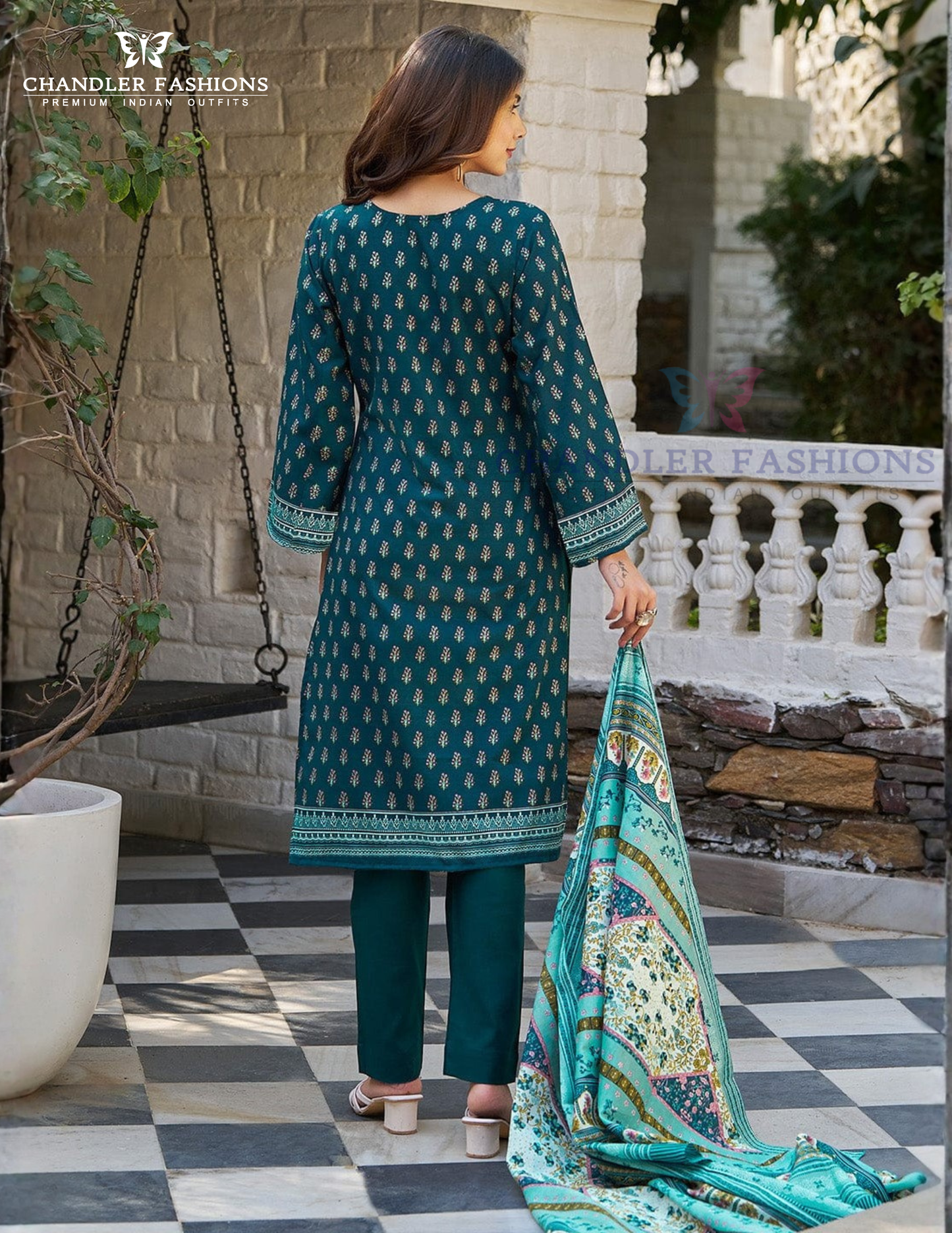 Teal Blue Printed Work Salwar Suits In Mesa