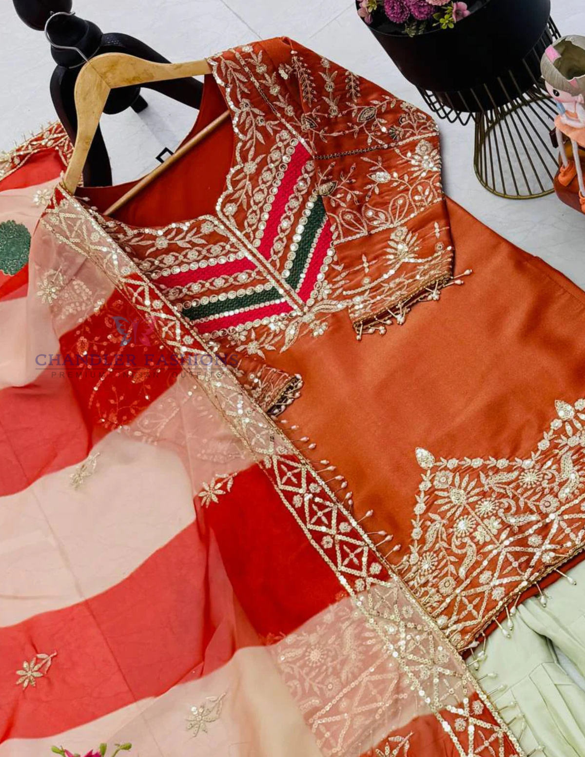 Fabulous Orange Color Fendy Silk With Embroidery And Sequins Work Sharara Suit For Women
