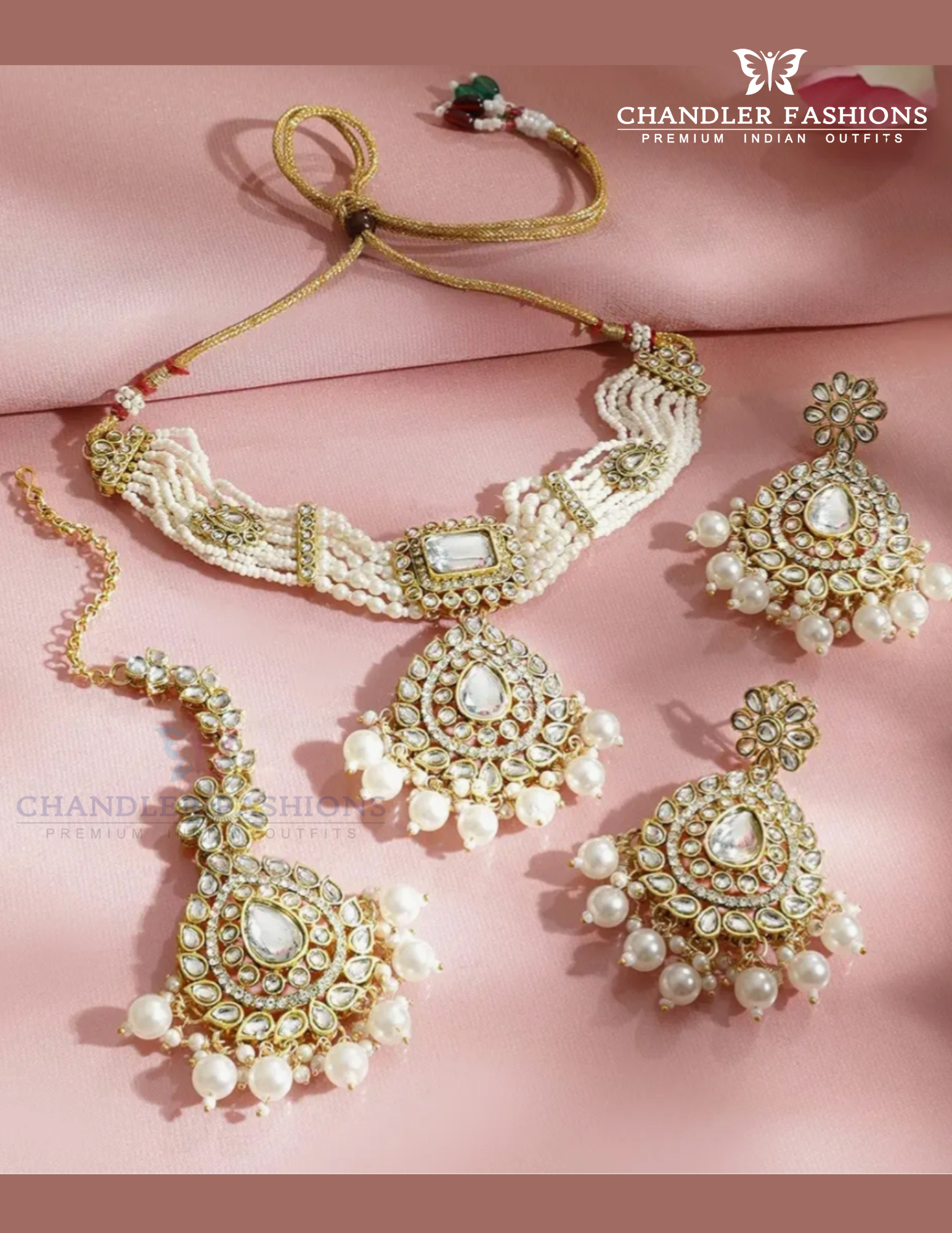 White Color Stone Gold Plated With Pearl Design Choker Earring Near Me