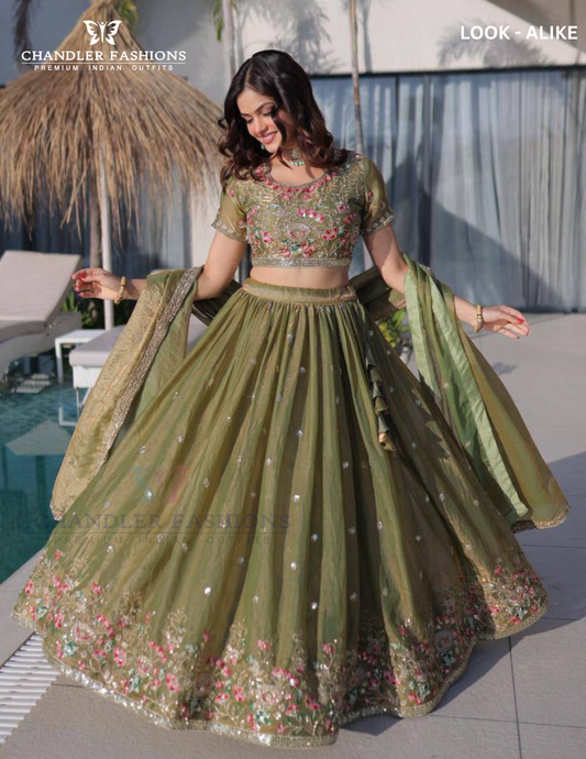 Attractive Pista Green Color Fendi Silk With Embroidery And Thread Work Lehenga Choli For Women