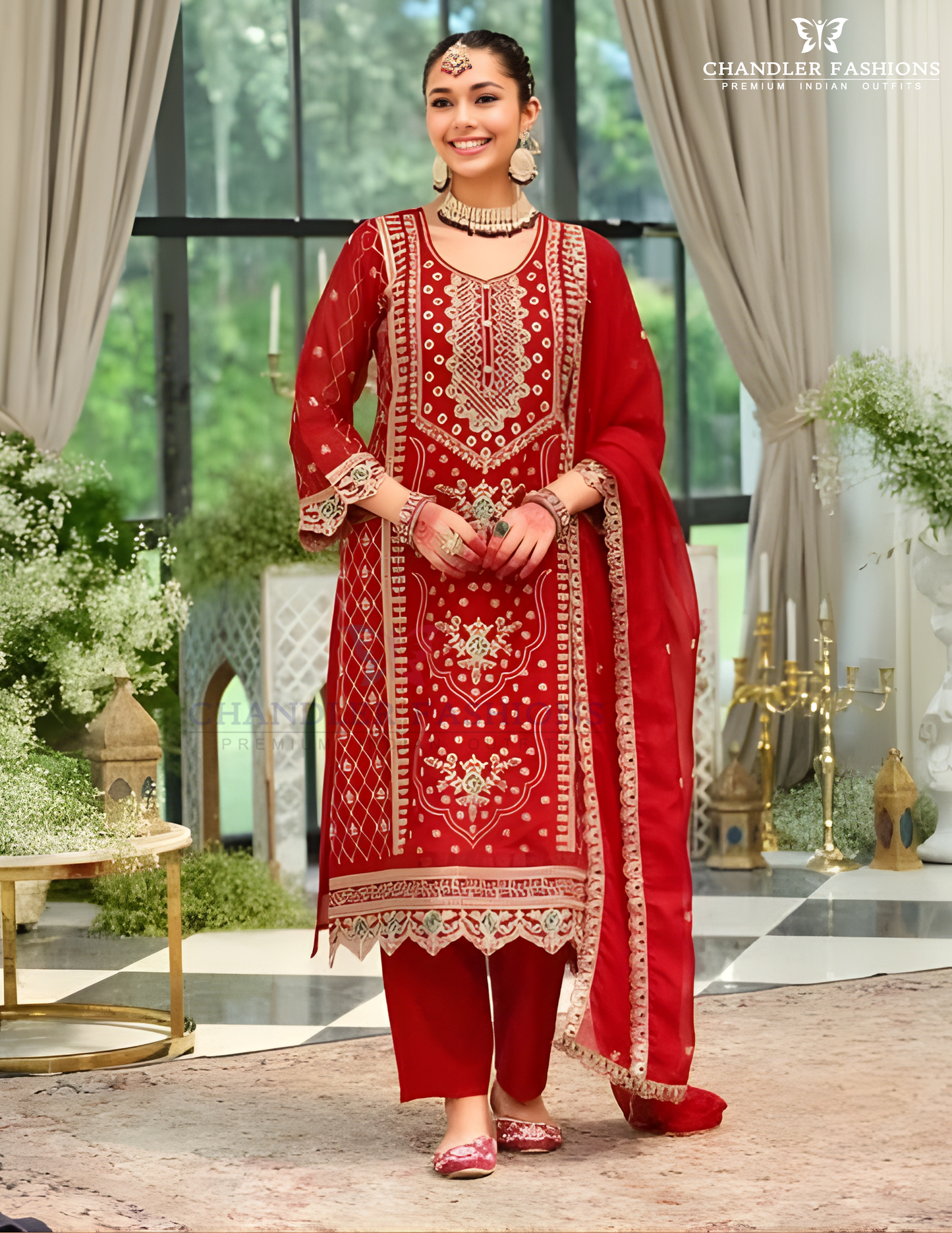 Attractive Red Color Soft Organza And Embroidery Work Salwar Suits For Women