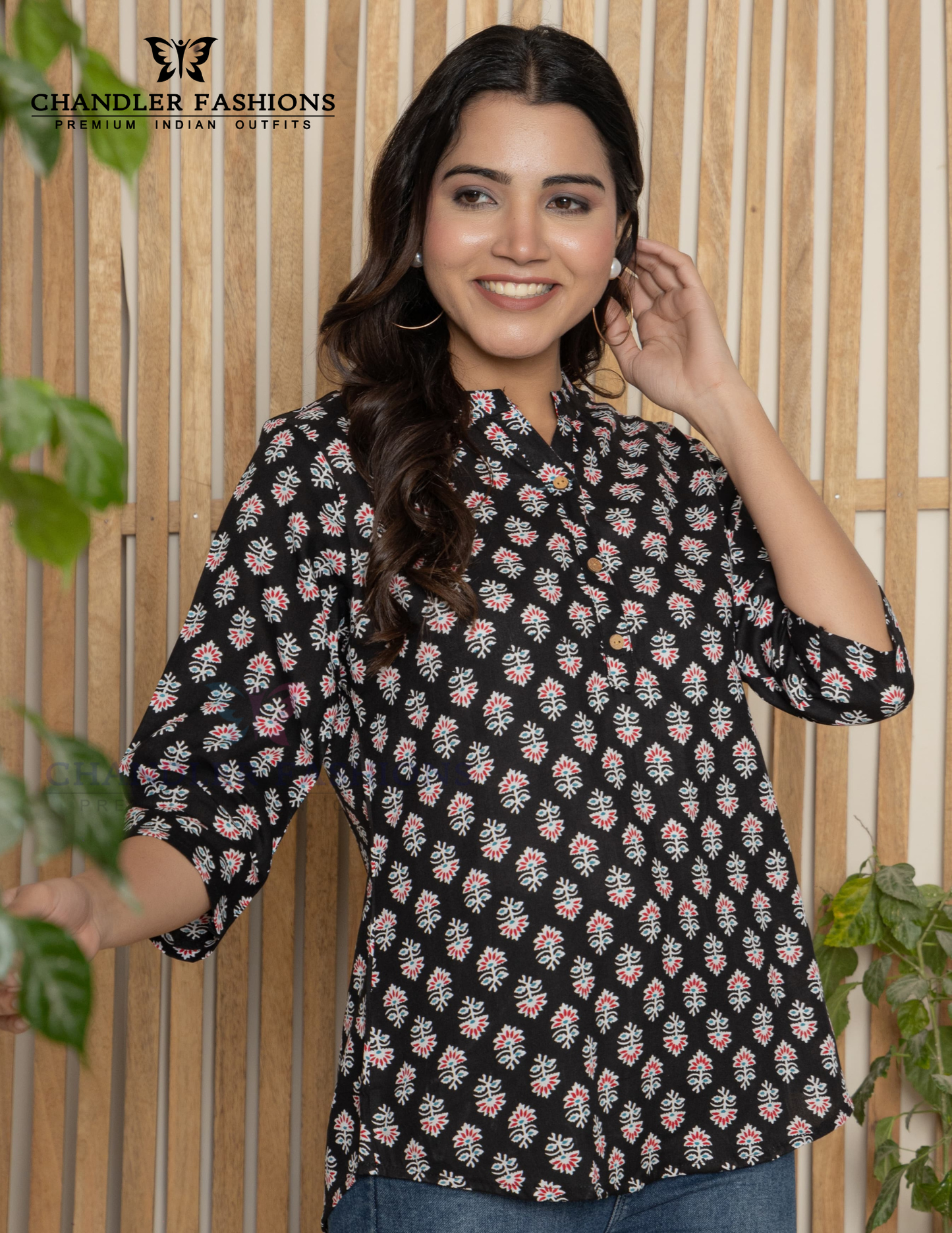 Attractive Black Color Cotton With Printed Work Short Kurti For Women