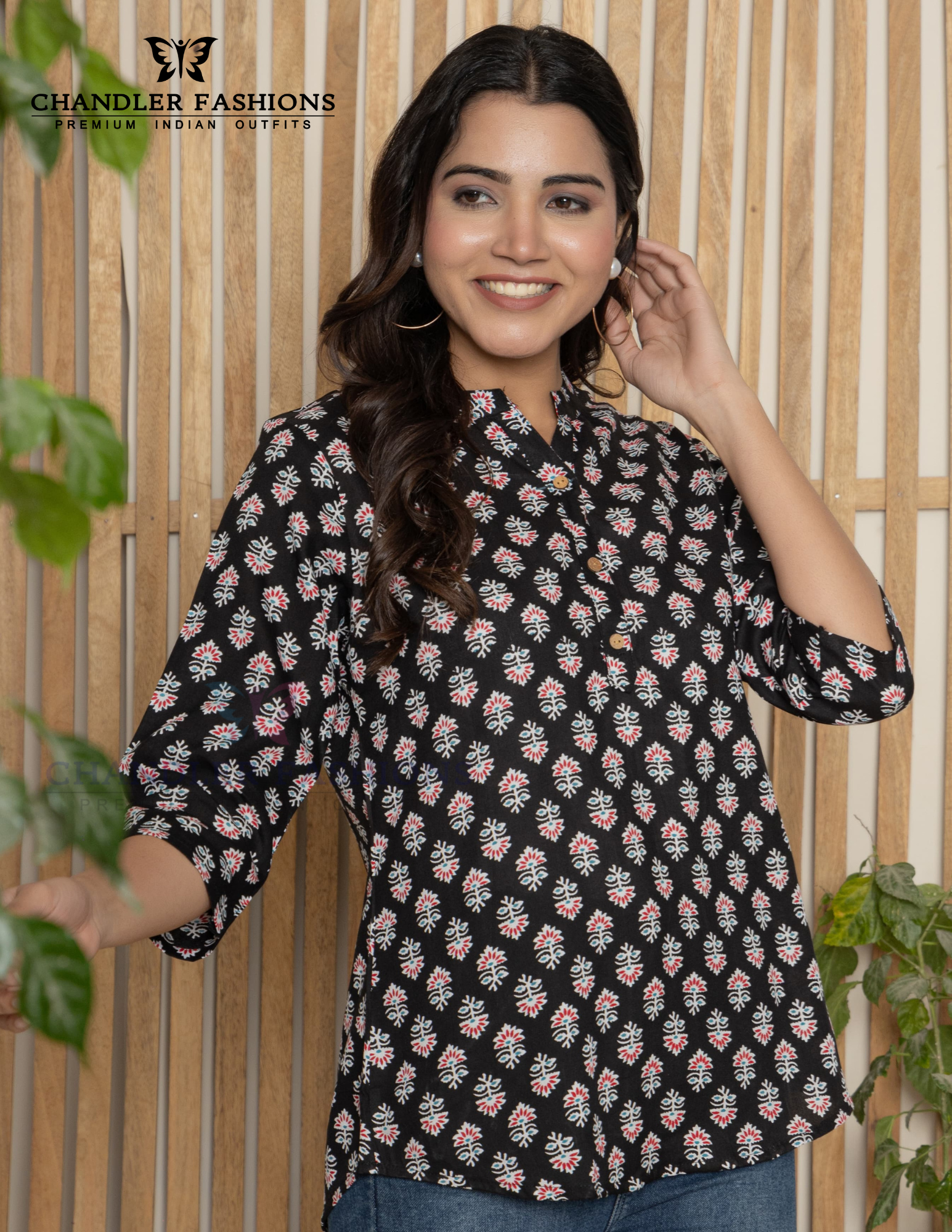 Attractive Black Color Cotton With Printed Work Short Kurti For Women