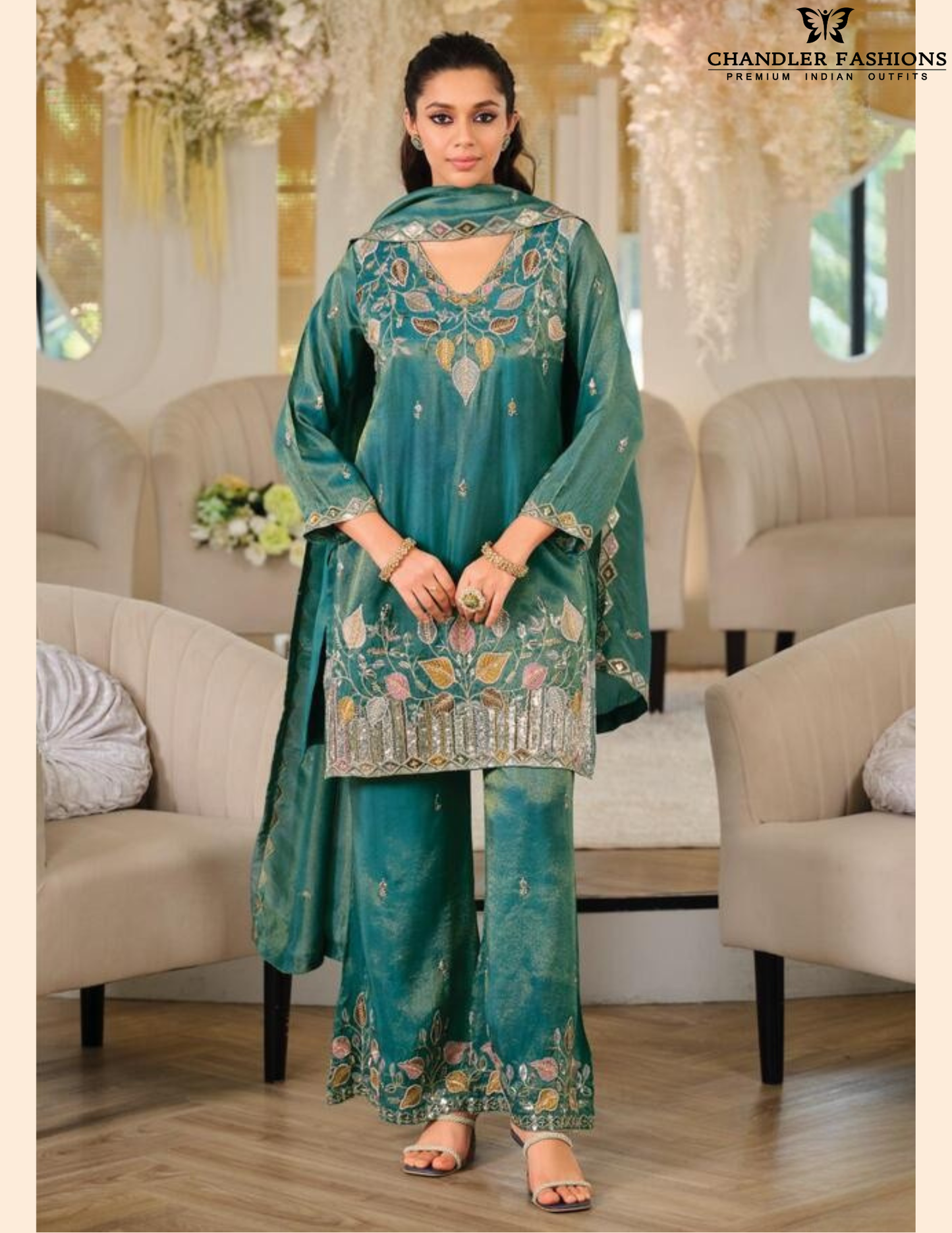 Teal Green Color Shimmer With Embroidery Work Palazzo Suits In USA