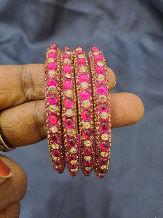 Stunning pink Color Glass Bangles With Flashing Stone For Women