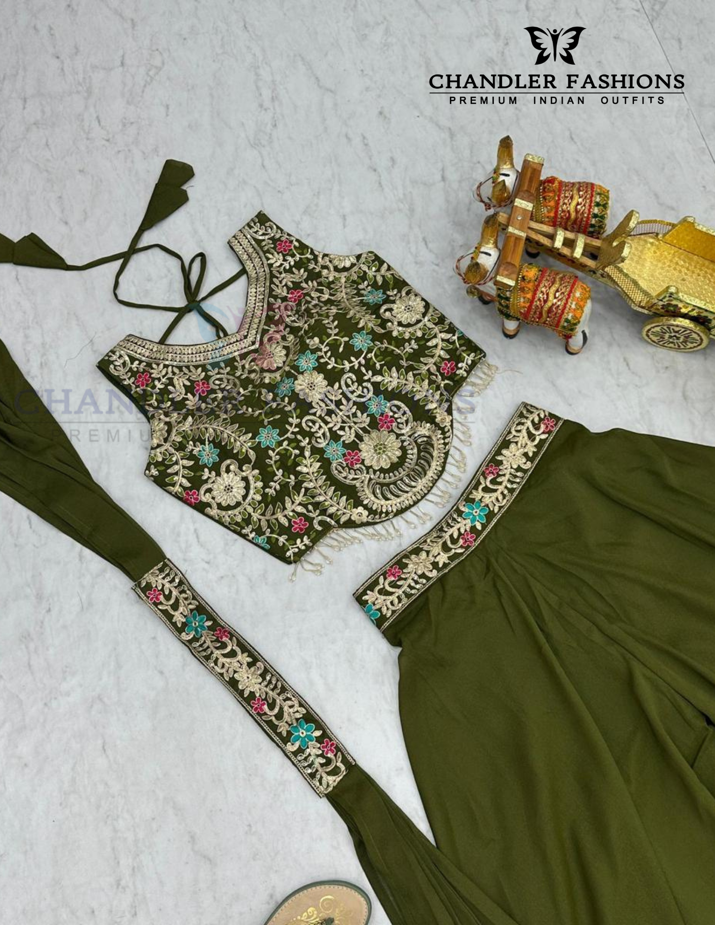 Green Color Thread Embroidery Work Palazzo Suits In Suncity