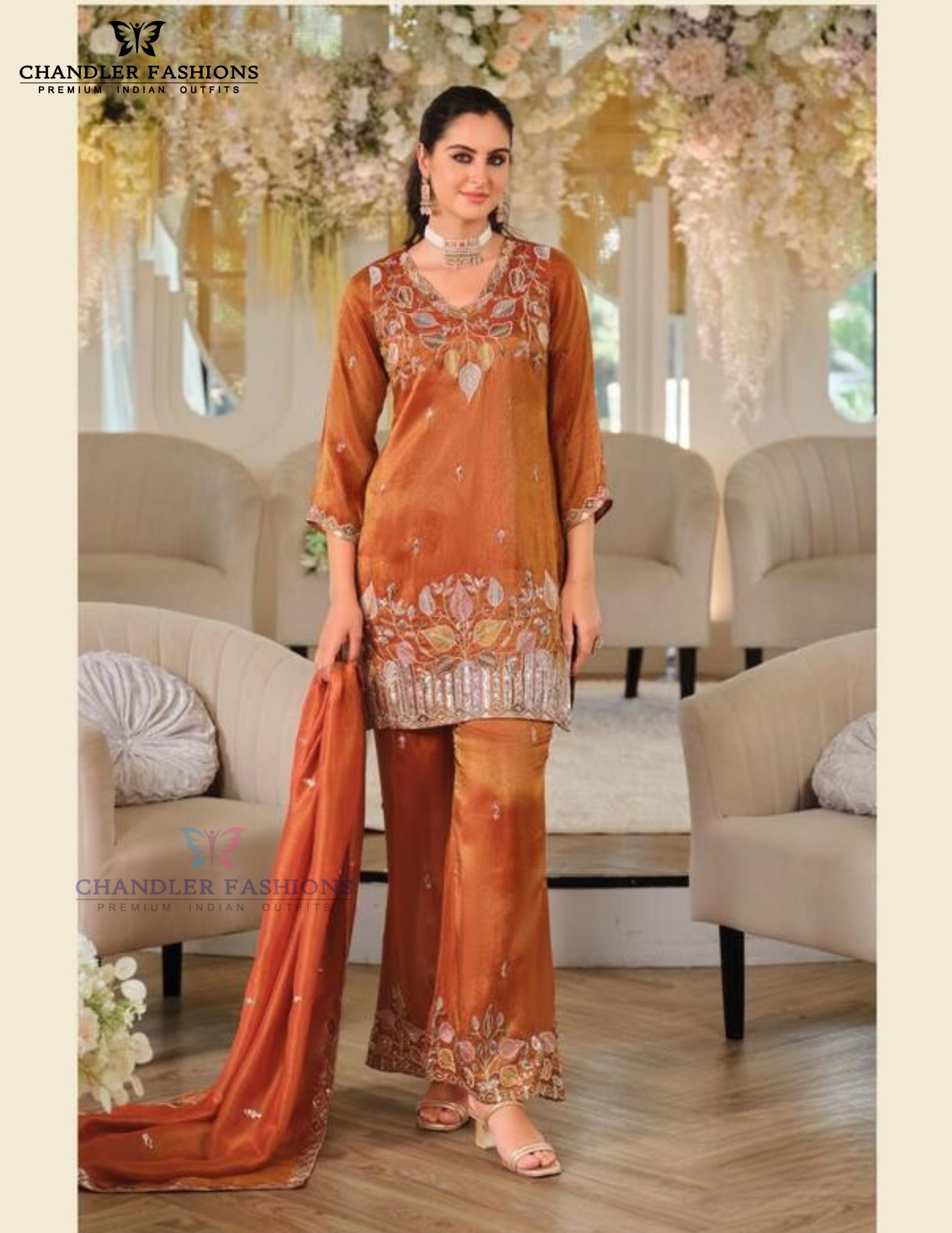 Attractive Orange Color Shimmer With Embroidery Work Palazzo Suits For Women