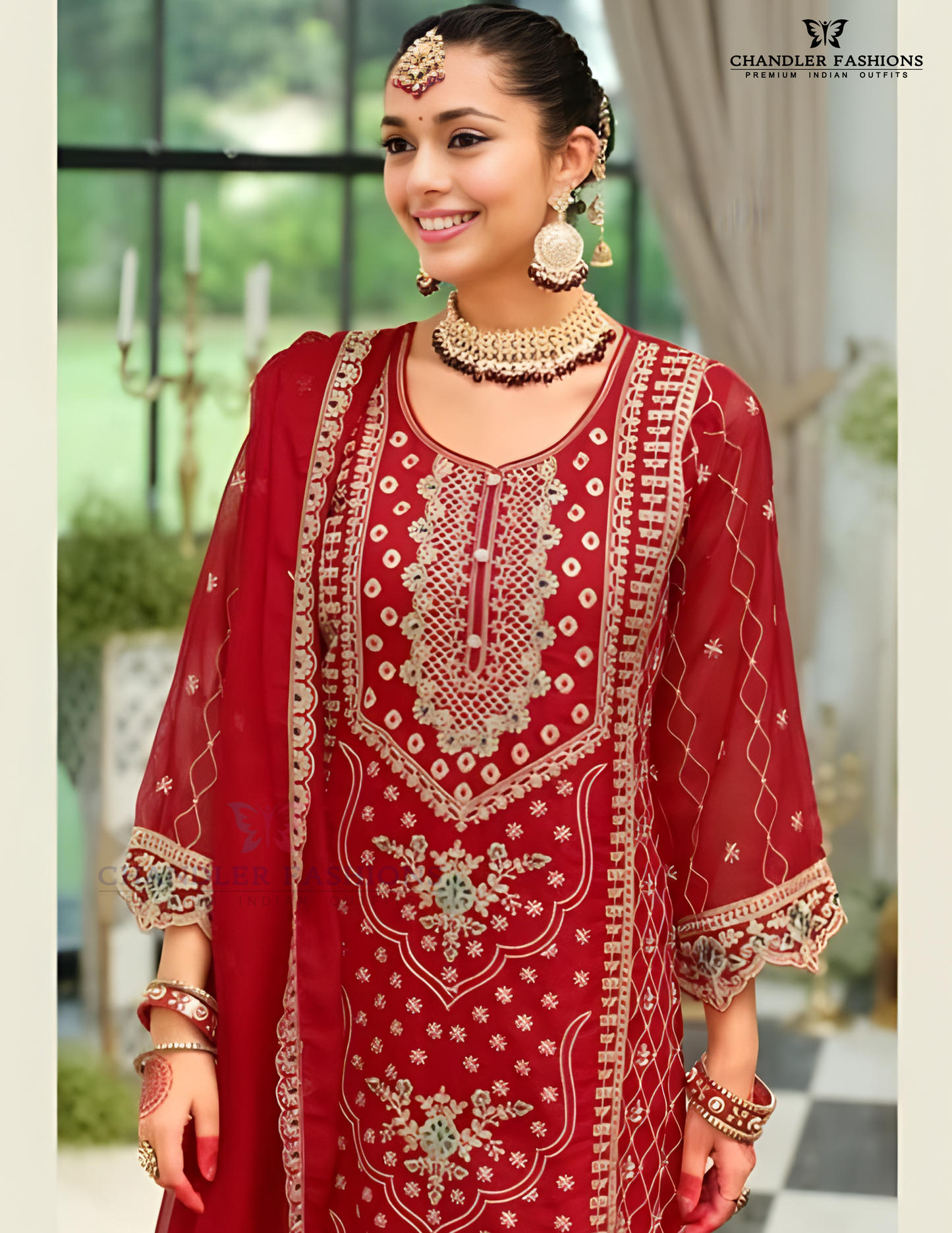 Attractive Red Color Soft Organza And Embroidery Work Salwar Suits For Women Near Me